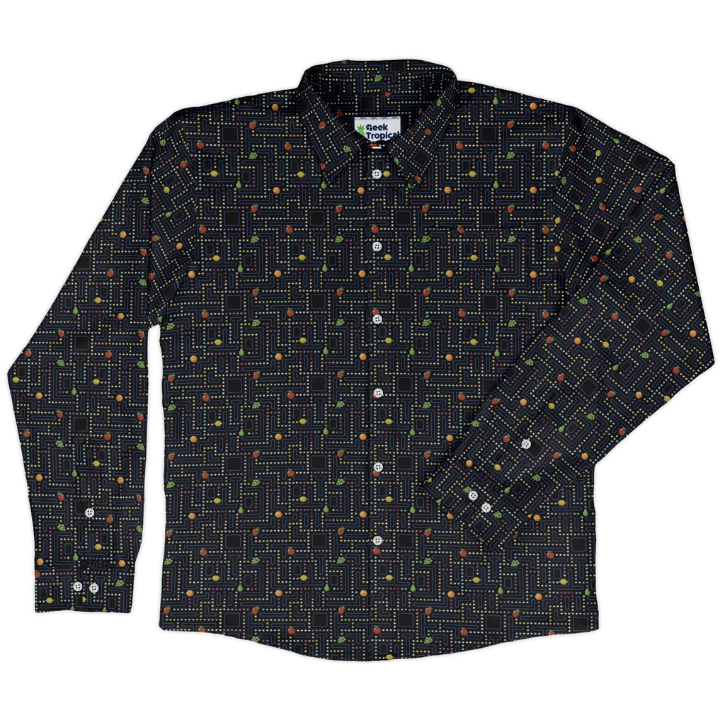 Maze Muncher Arcade Game Long Sleeve Button Up Shirt Geek Nerd adult sizing Designs by Nathan FLOW DESC WRITING