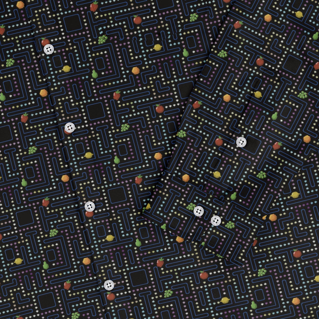 Maze Muncher Arcade Game Long Sleeve Button Up Shirt Geek Nerd adult sizing Designs by Nathan FLOW DESC WRITING