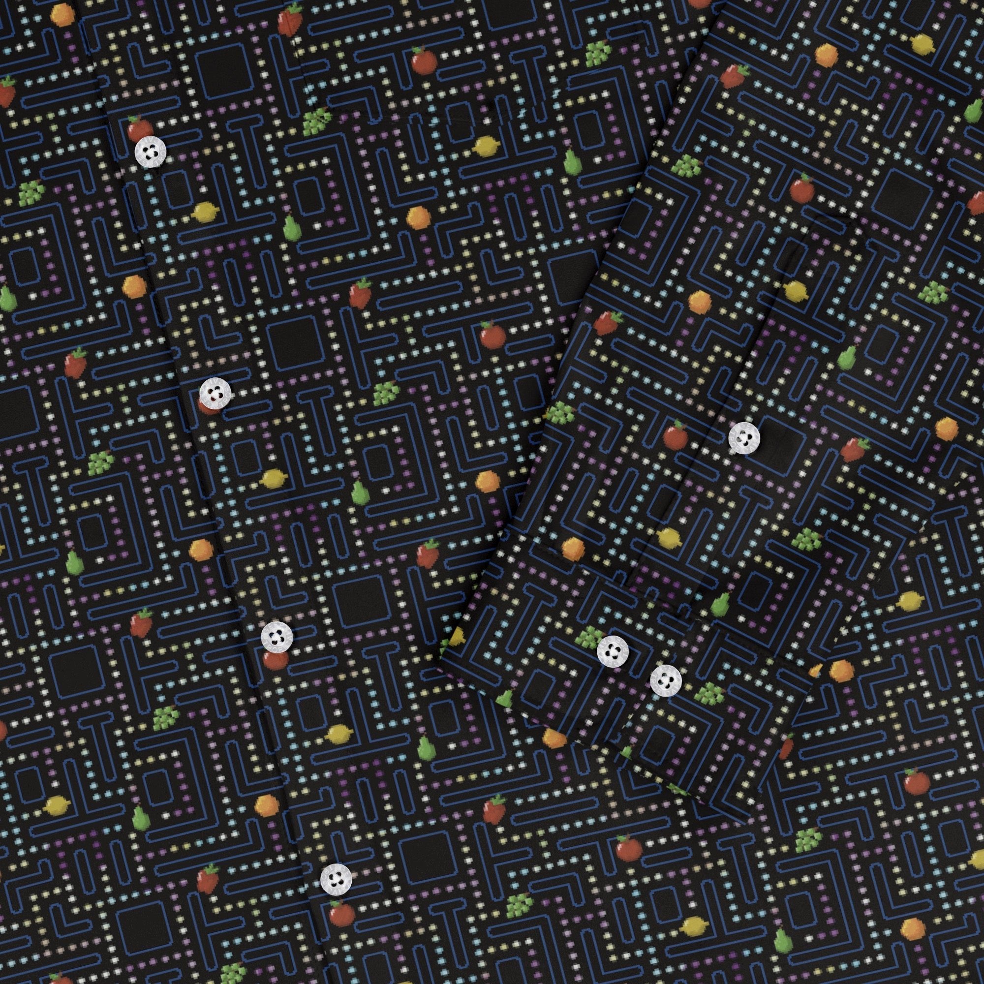 Maze Muncher Arcade Game Long Sleeve Button Up Shirt Geek Nerd adult sizing Designs by Nathan FLOW DESC WRITING
