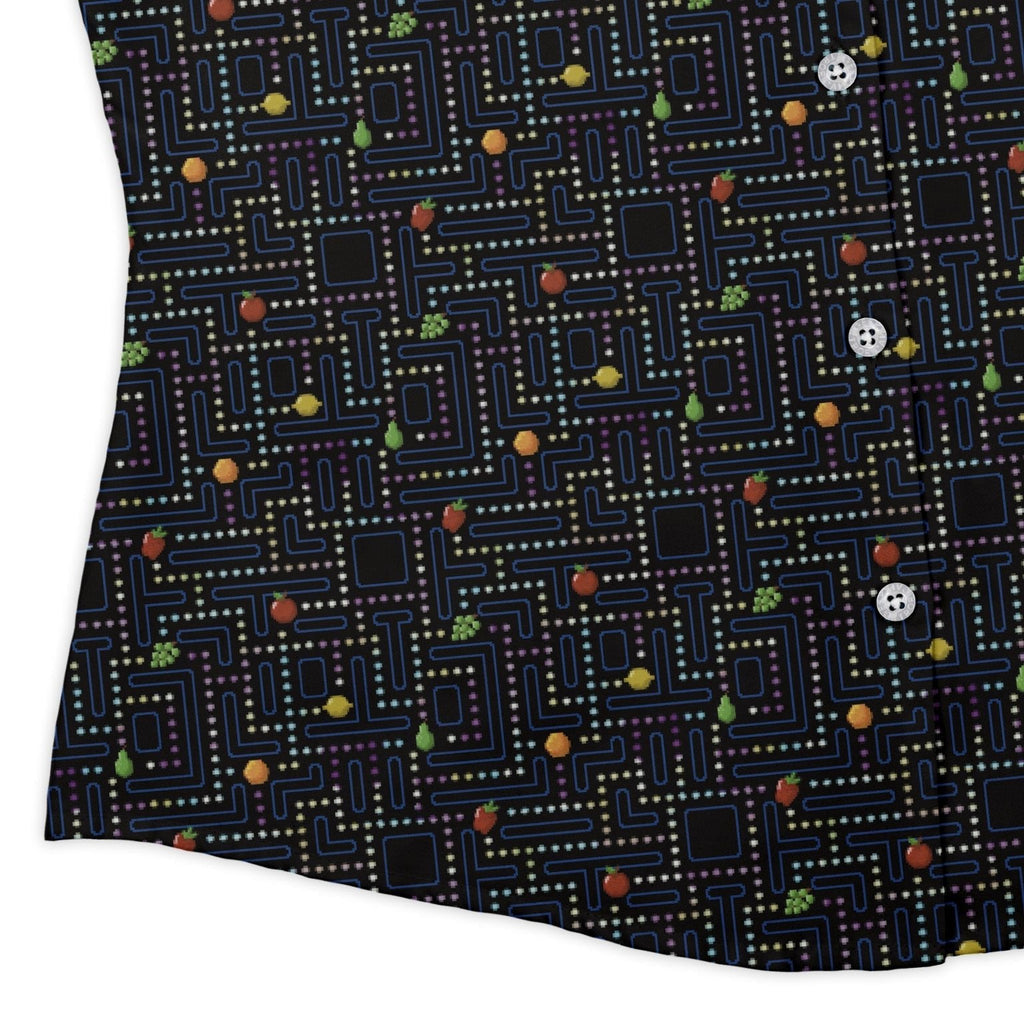 Maze Muncher Arcade Game Curvy Button Up Shirt Geek Nerd Designs by Nathan Q3 video game arcade print