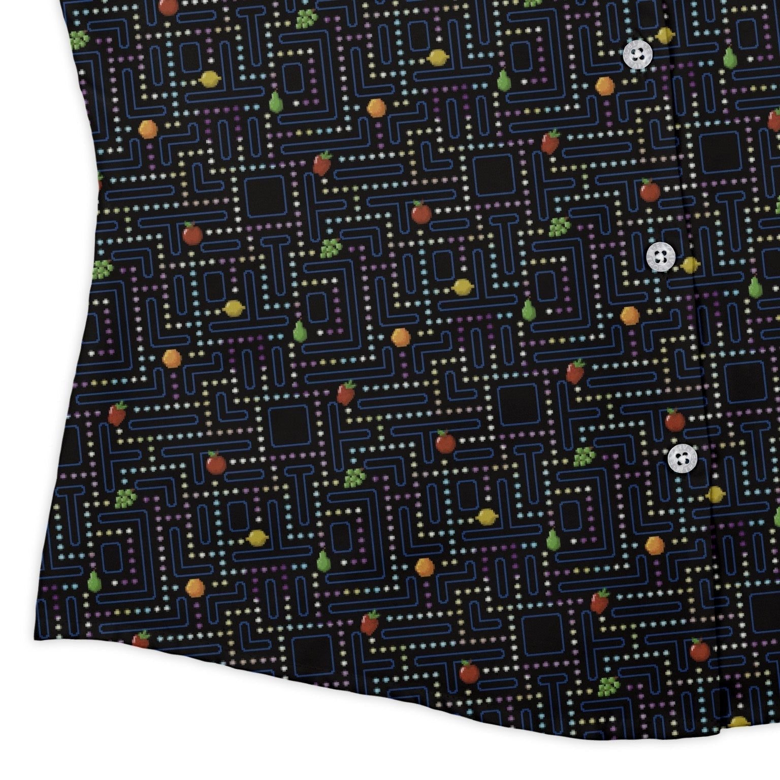 Maze Muncher Arcade Game Curvy Button Up Shirt Geek Nerd Designs by Nathan Q3 video game arcade print
