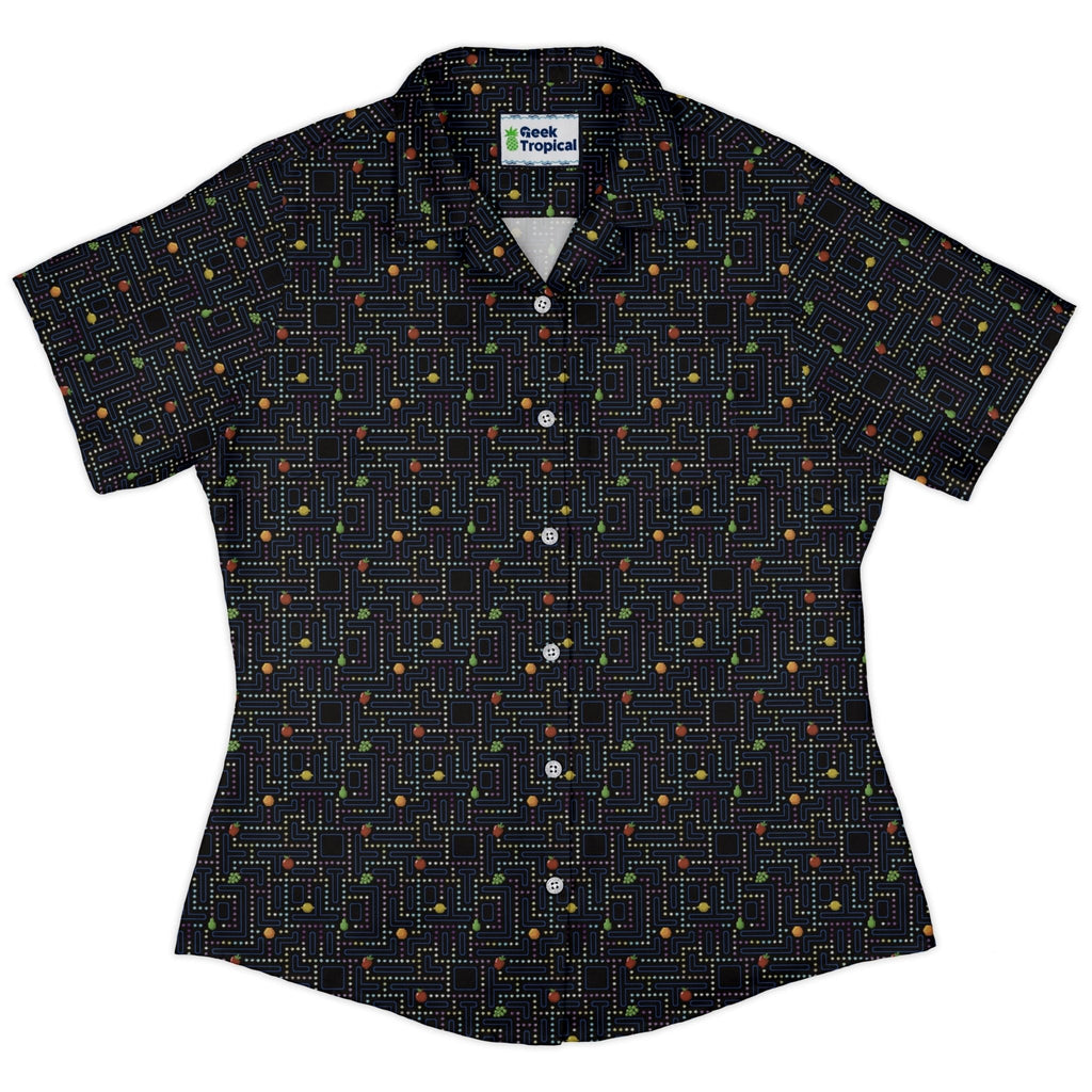 Maze Muncher Arcade Game Curvy Button Up Shirt Geek Nerd Designs by Nathan Q3 video game arcade print