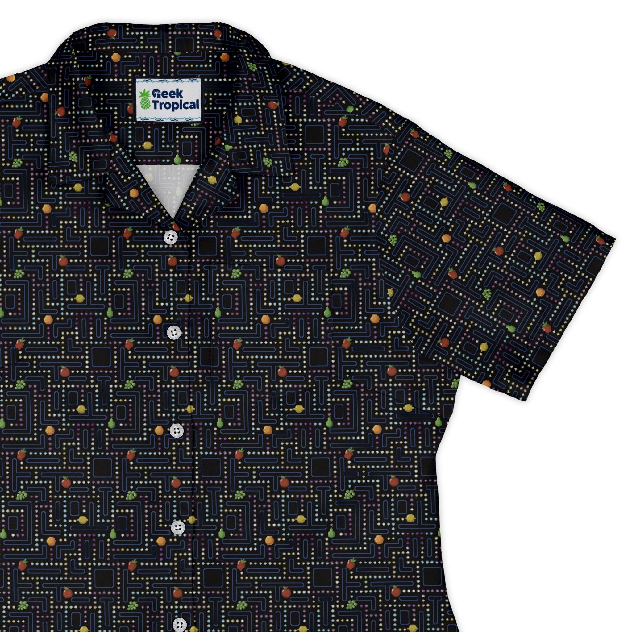 Maze Muncher Arcade Game Curvy Button Up Shirt Geek Nerd Designs by Nathan Q3 video game arcade print