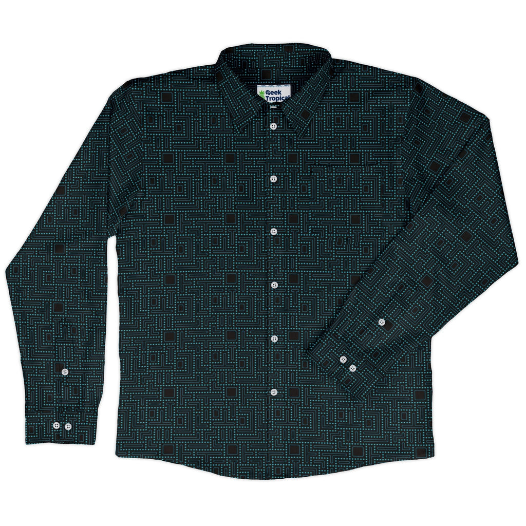 Maze Runner Neon Arcade Game Long Sleeve Button Up Shirt Geek Nerd adult sizing Designs by Nathan FLOW DESC WRITING
