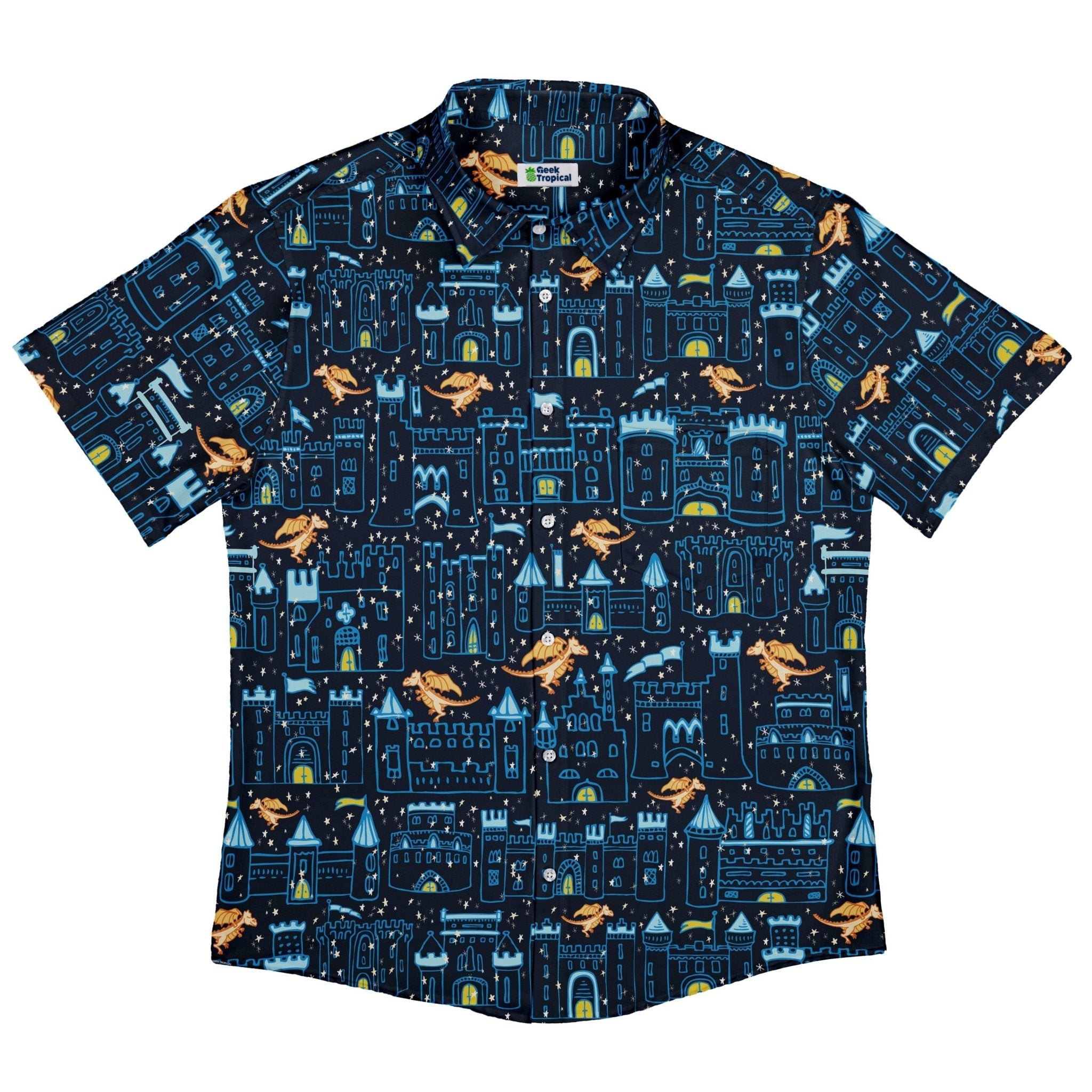 Medieval City Dragon Button Up Shirt Geek Nerd adult sizing Design by Zirkus Design fantasy prints