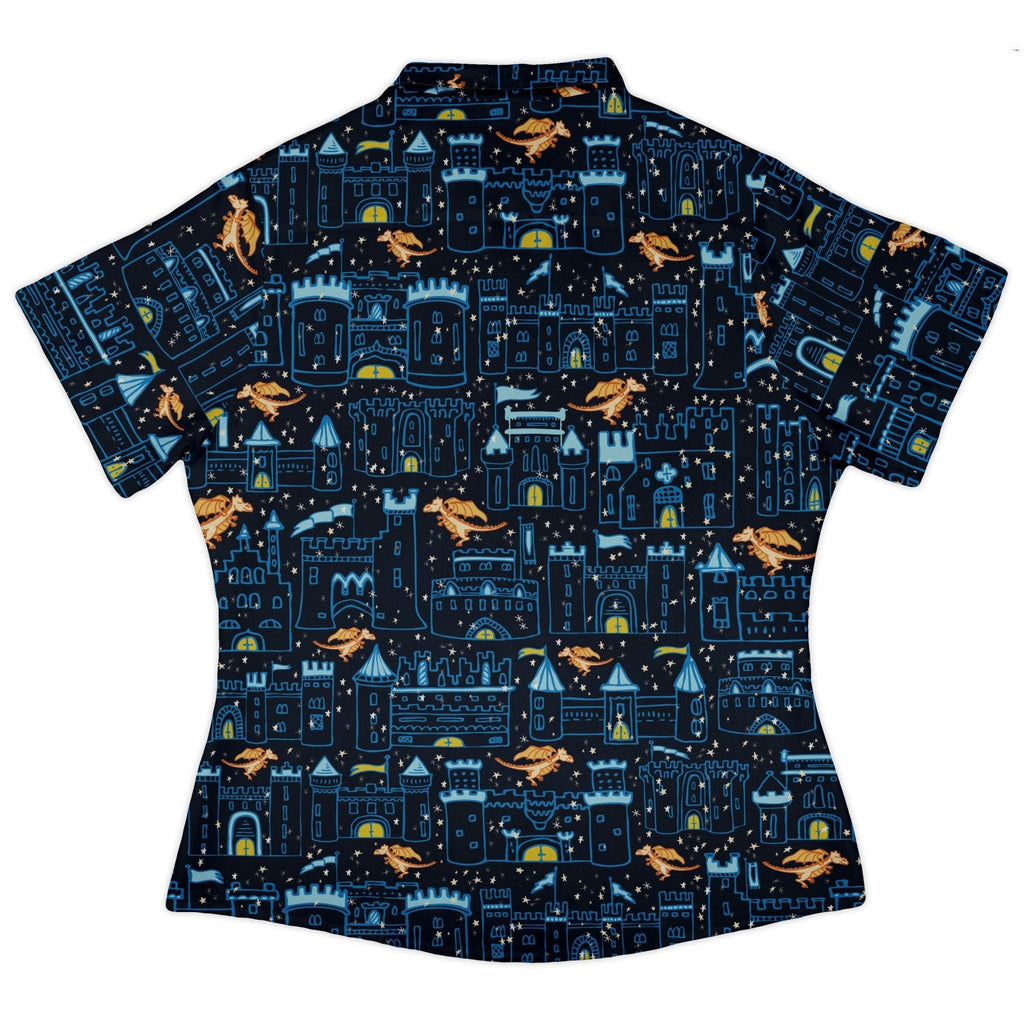 Medieval City Dragon Curvy Button Up Shirt Geek Nerd Design by Zirkus Design fantasy prints q225