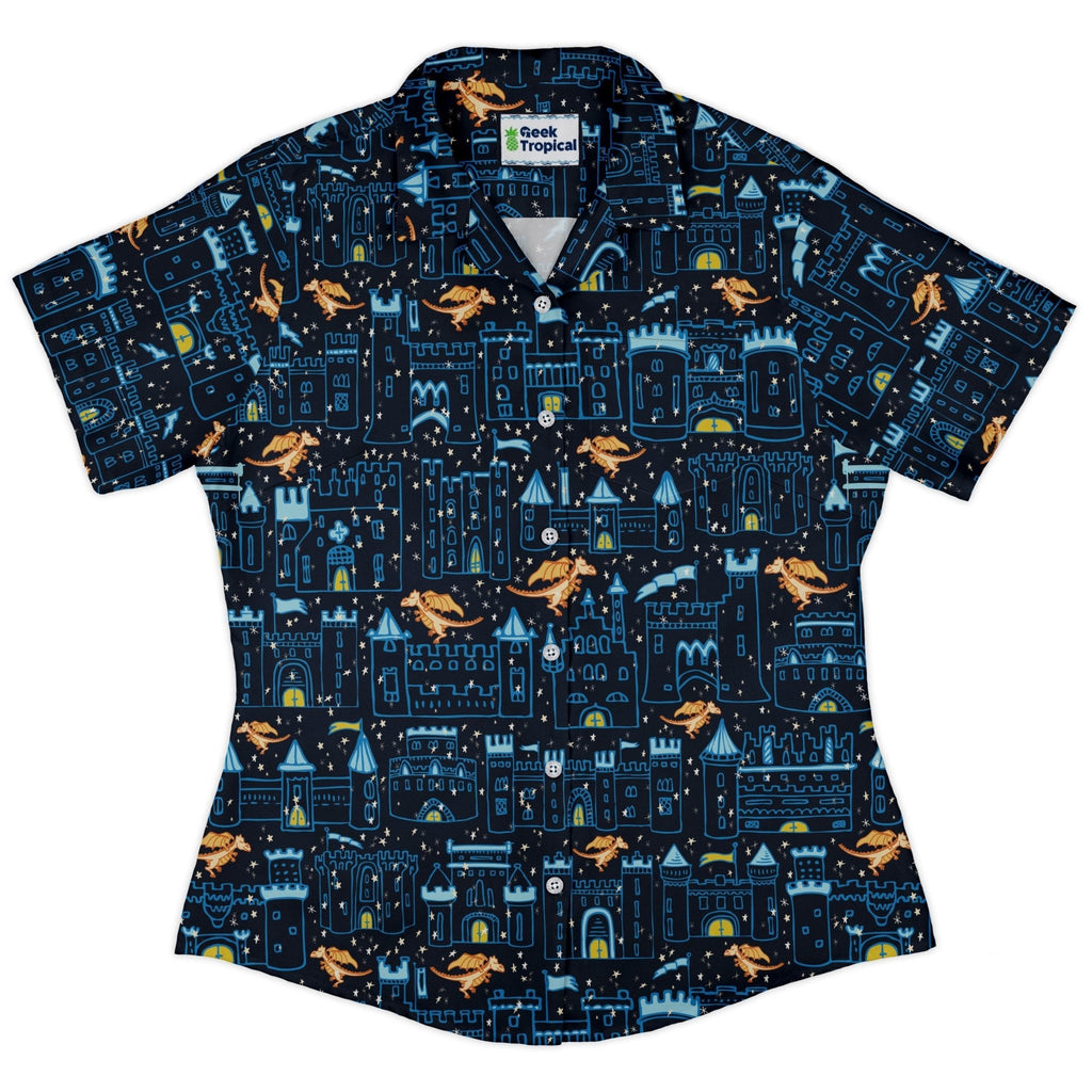 Medieval City Dragon Curvy Button Up Shirt Geek Nerd Design by Zirkus Design fantasy prints q225