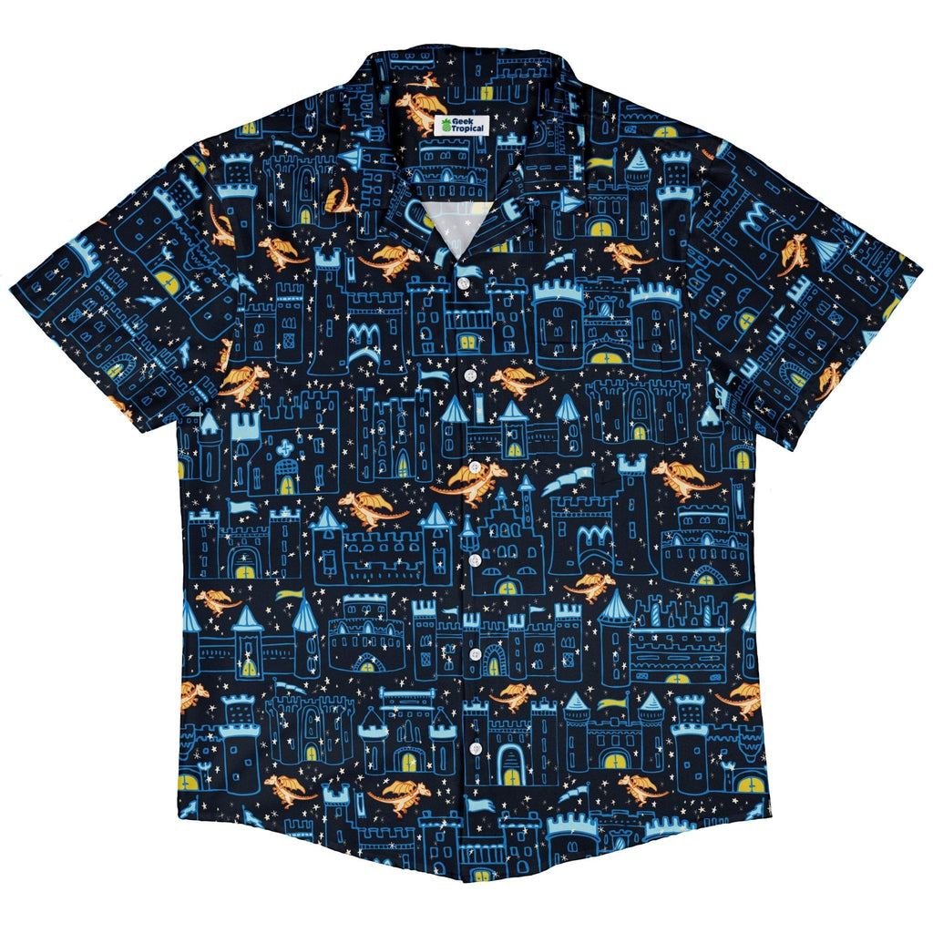 Medieval City Dragon Button Up Shirt Geek Nerd adult sizing Design by Zirkus Design fantasy prints
