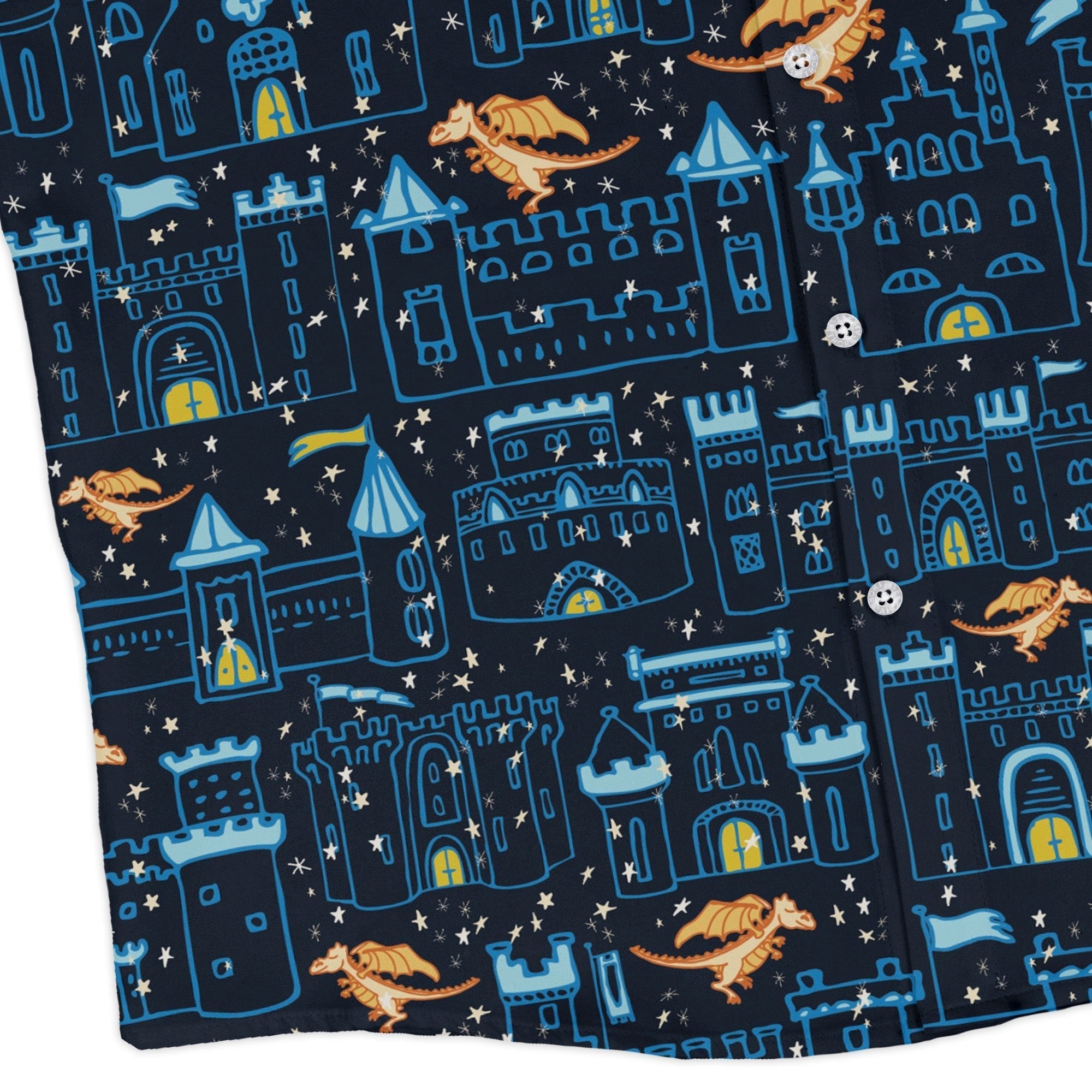 Medieval City Dragon Long Sleeve Button Up Shirt Geek Nerd adult sizing Design by Zirkus Design fantasy prints