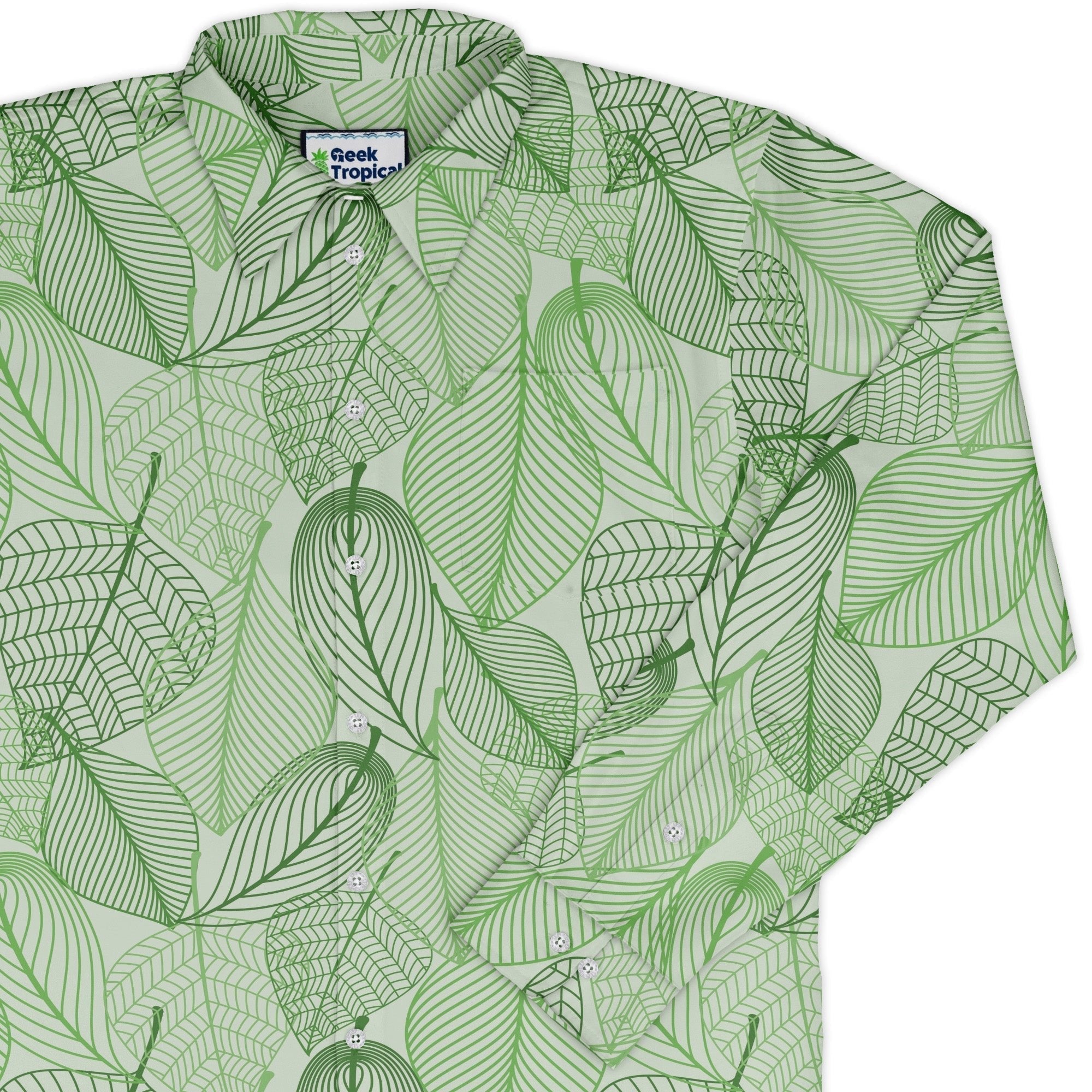 Micro Minimalist Leaves Long Sleeve Button Up Shirt Geek Nerd adult sizing Botany Print FLOW DESC WRITING