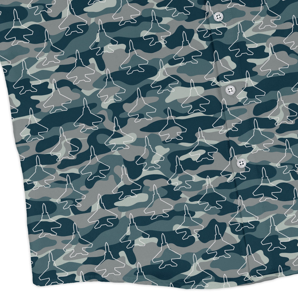 Military Fighter Jet Navy Camo Blue Long Sleeve Button Up Shirt Geek Nerd adult sizing aviation print FLOW DESC WRITING