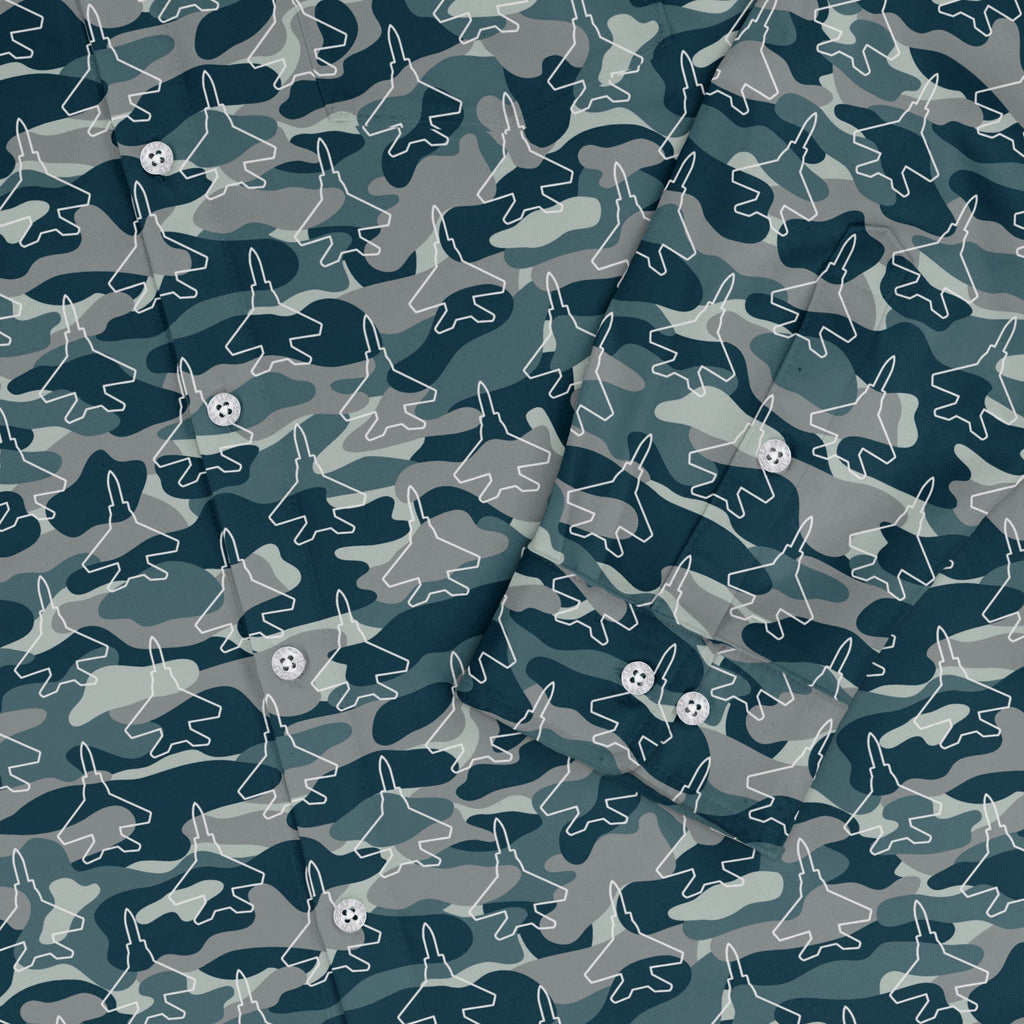 Military Fighter Jet Navy Camo Blue Long Sleeve Button Up Shirt Geek Nerd adult sizing aviation print FLOW DESC WRITING