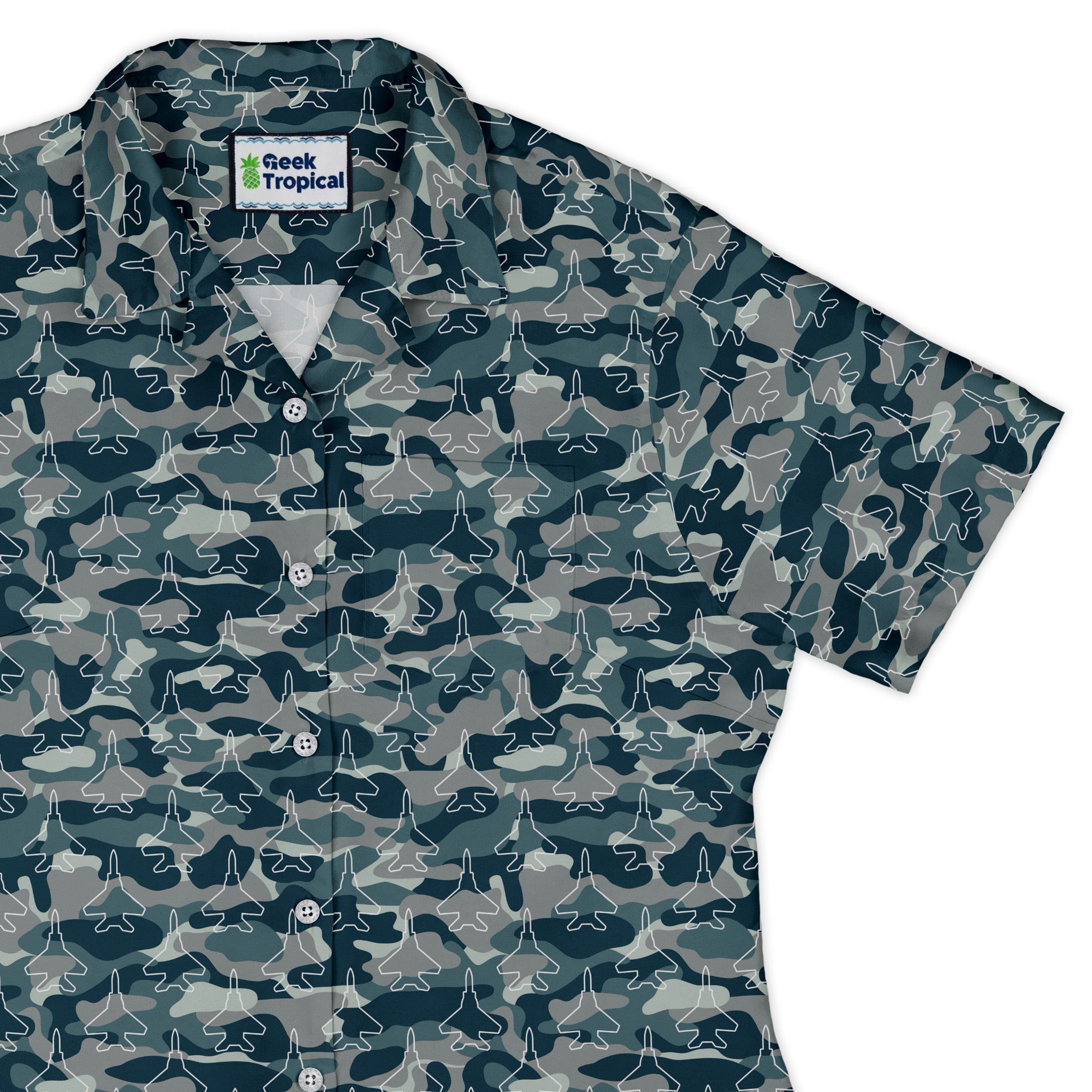 Military Fighter Jet Navy Camo Blue Curvy Button Up Shirt Geek Nerd aviation print women