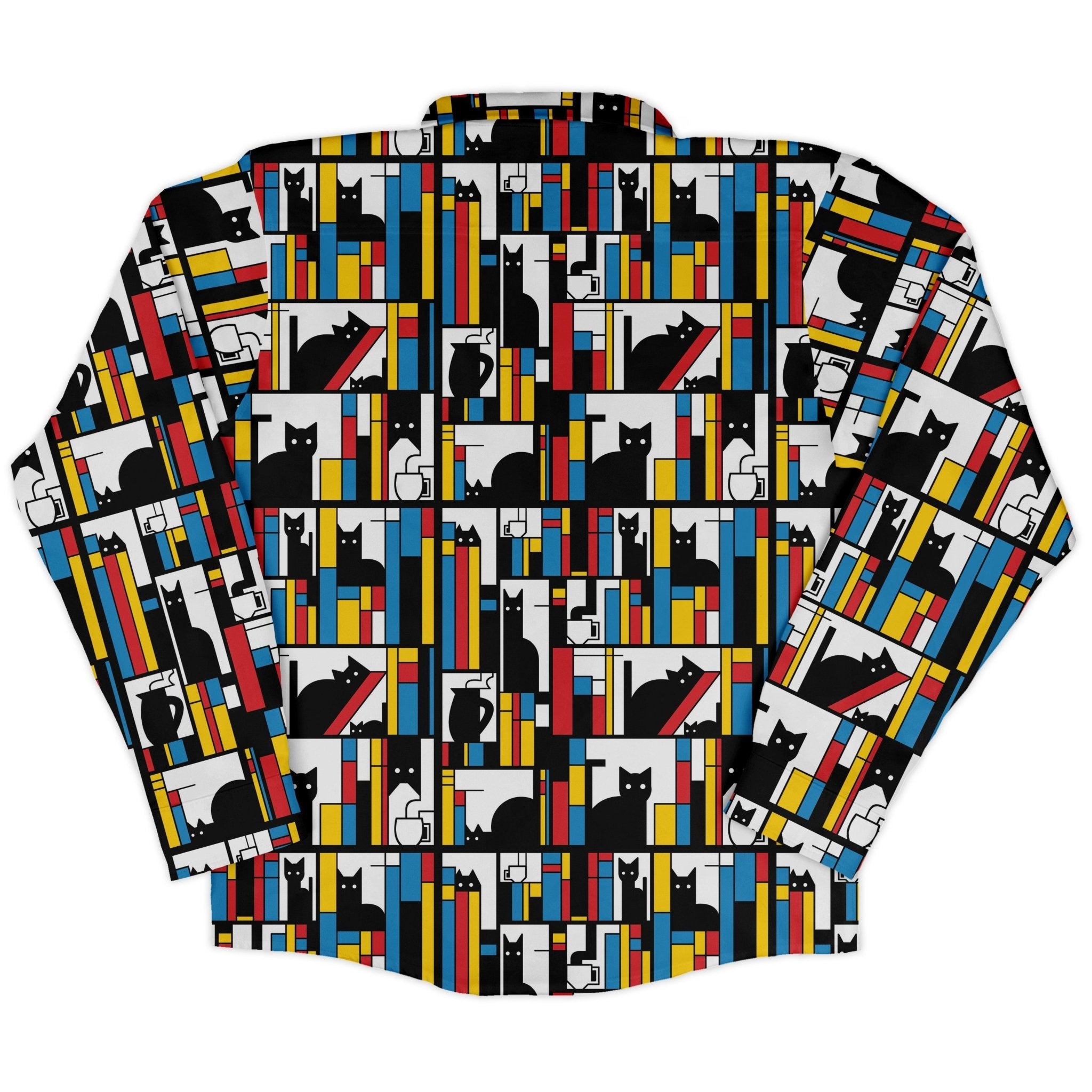 Mondrian Cat Library Long Sleeve Button Up Shirt Geek Nerd adult sizing Animal Patterns Book Prints