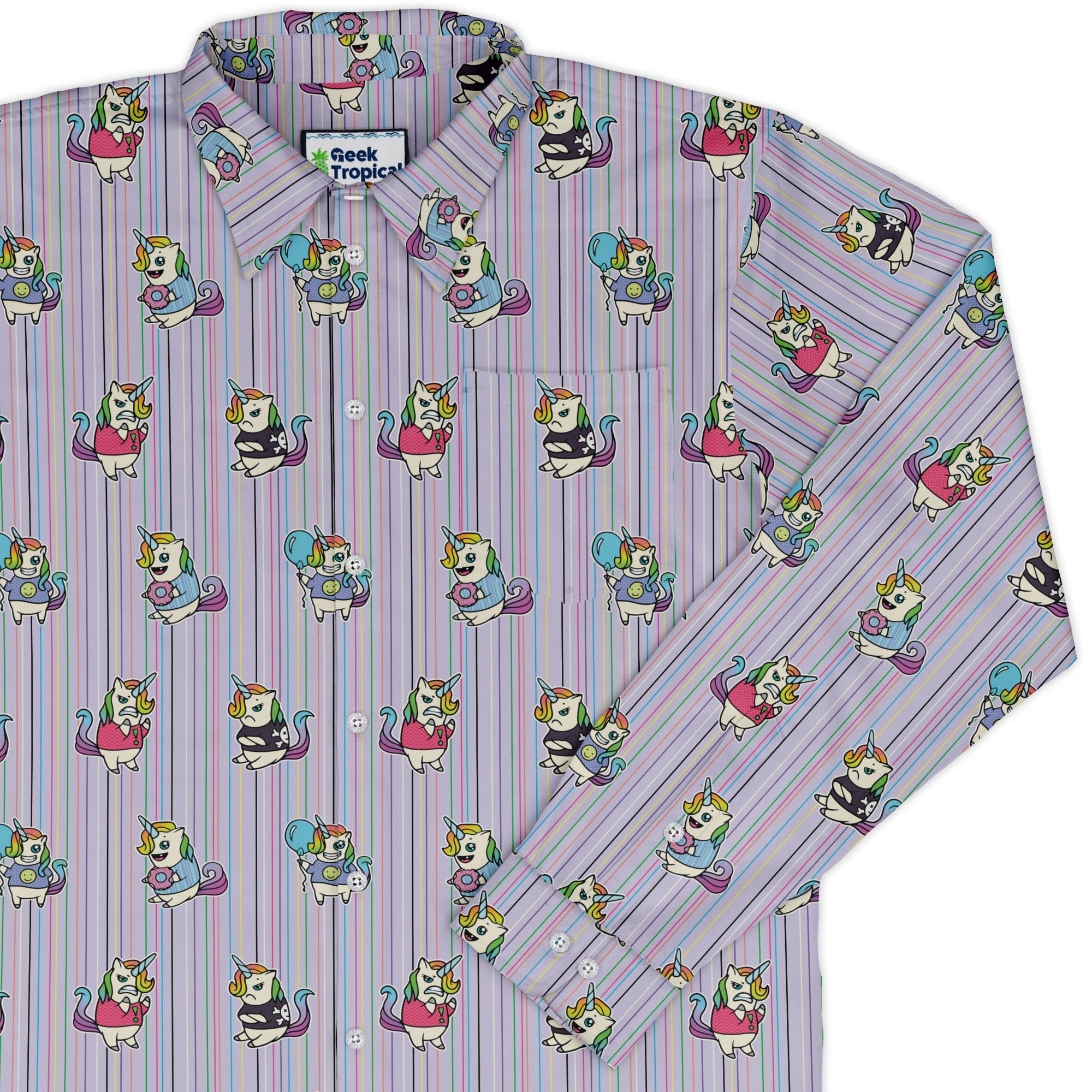 Moodicorn Rainbow Stripes Long Sleeve Button Up Shirt Geek Nerd adult sizing Design By Brigid Ashwood Fantasy Prints