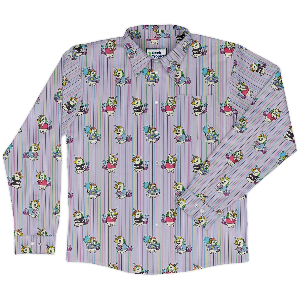 Moodicorn Rainbow Stripes Long Sleeve Button Up Shirt Geek Nerd adult sizing Design By Brigid Ashwood Fantasy Prints