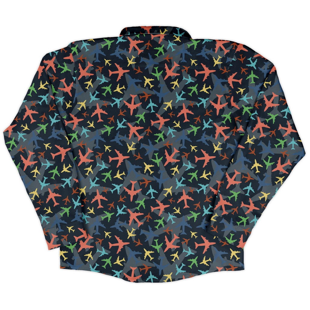 Multi Colored Airplanes on Blue Long Sleeve Button Up Shirt Geek Nerd adult sizing aviation print FLOW DESC WRITING
