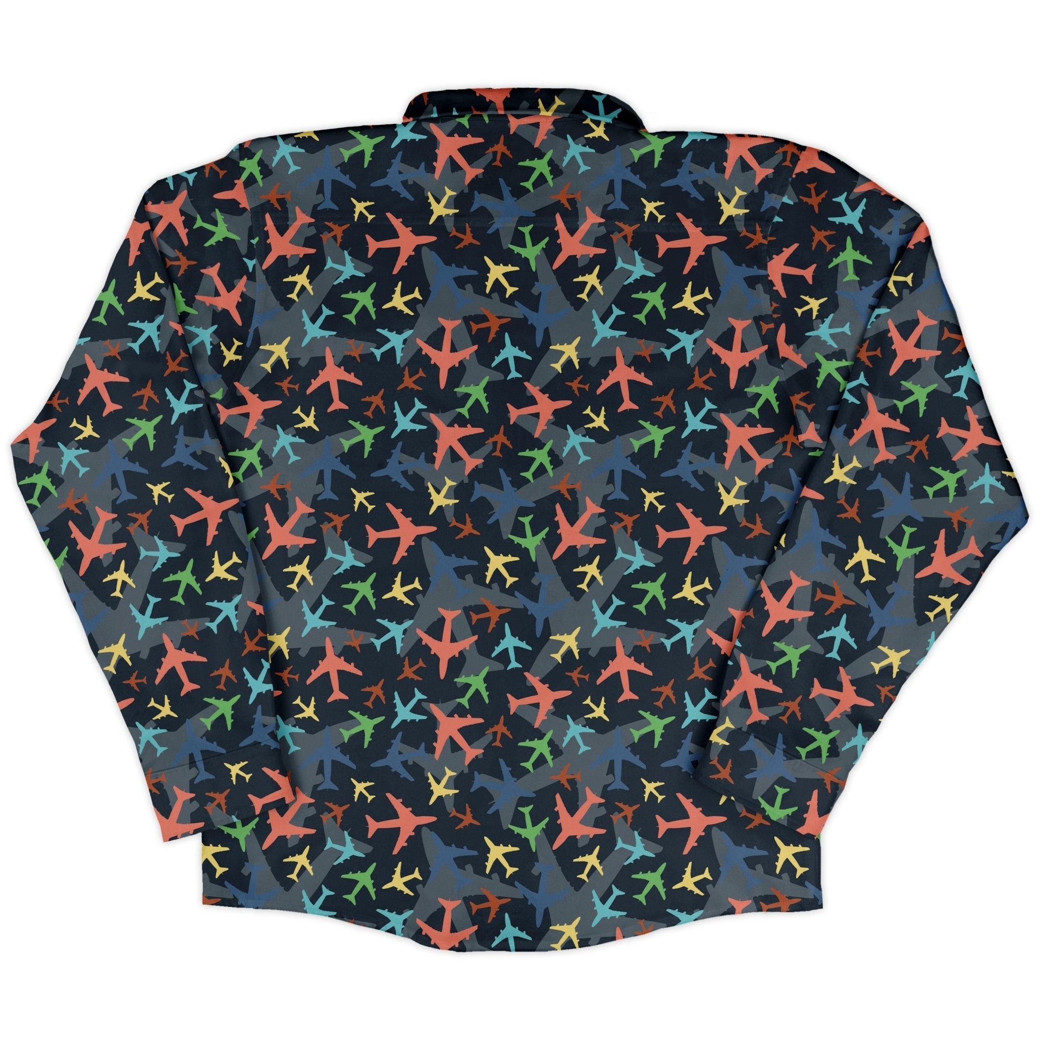 Multi Colored Airplanes on Blue Long Sleeve Button Up Shirt Geek Nerd adult sizing aviation print FLOW DESC WRITING