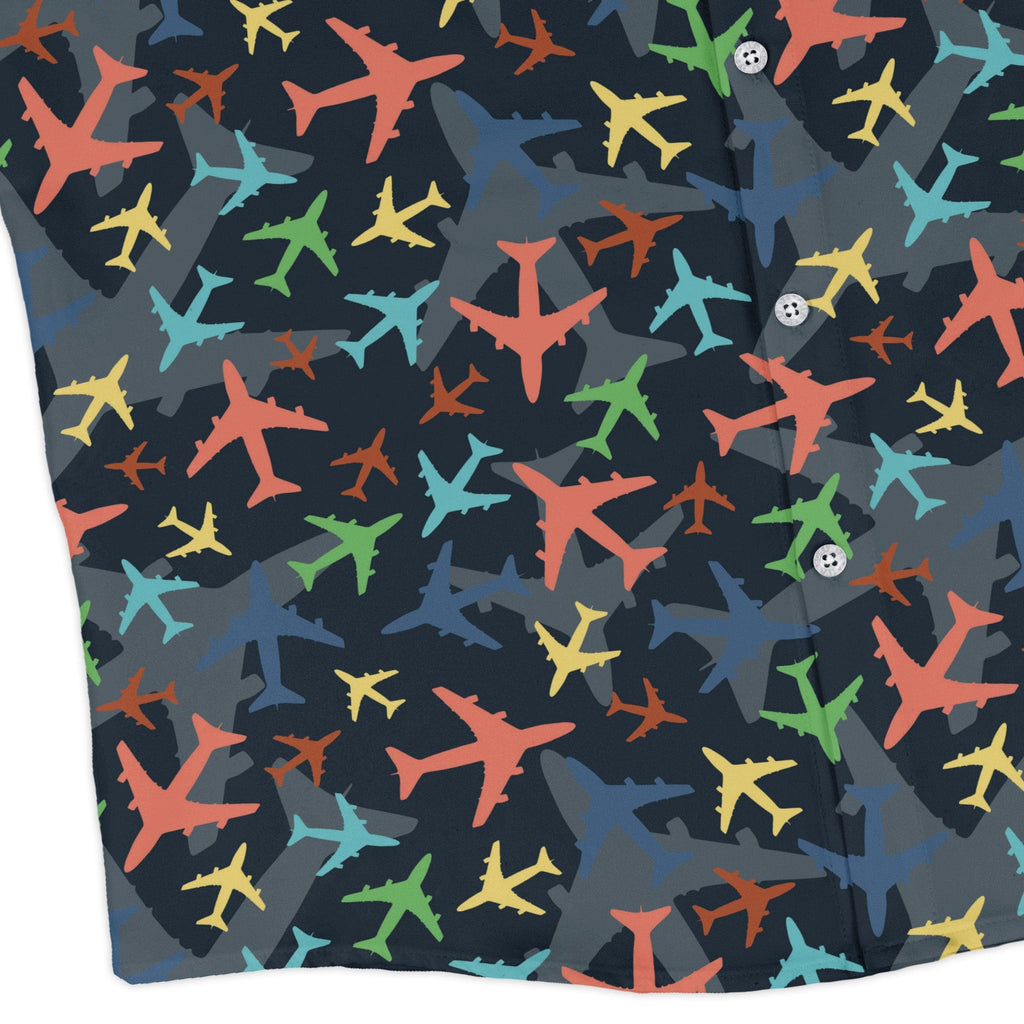Multi Colored Airplanes on Blue Long Sleeve Button Up Shirt Geek Nerd adult sizing aviation print FLOW DESC WRITING
