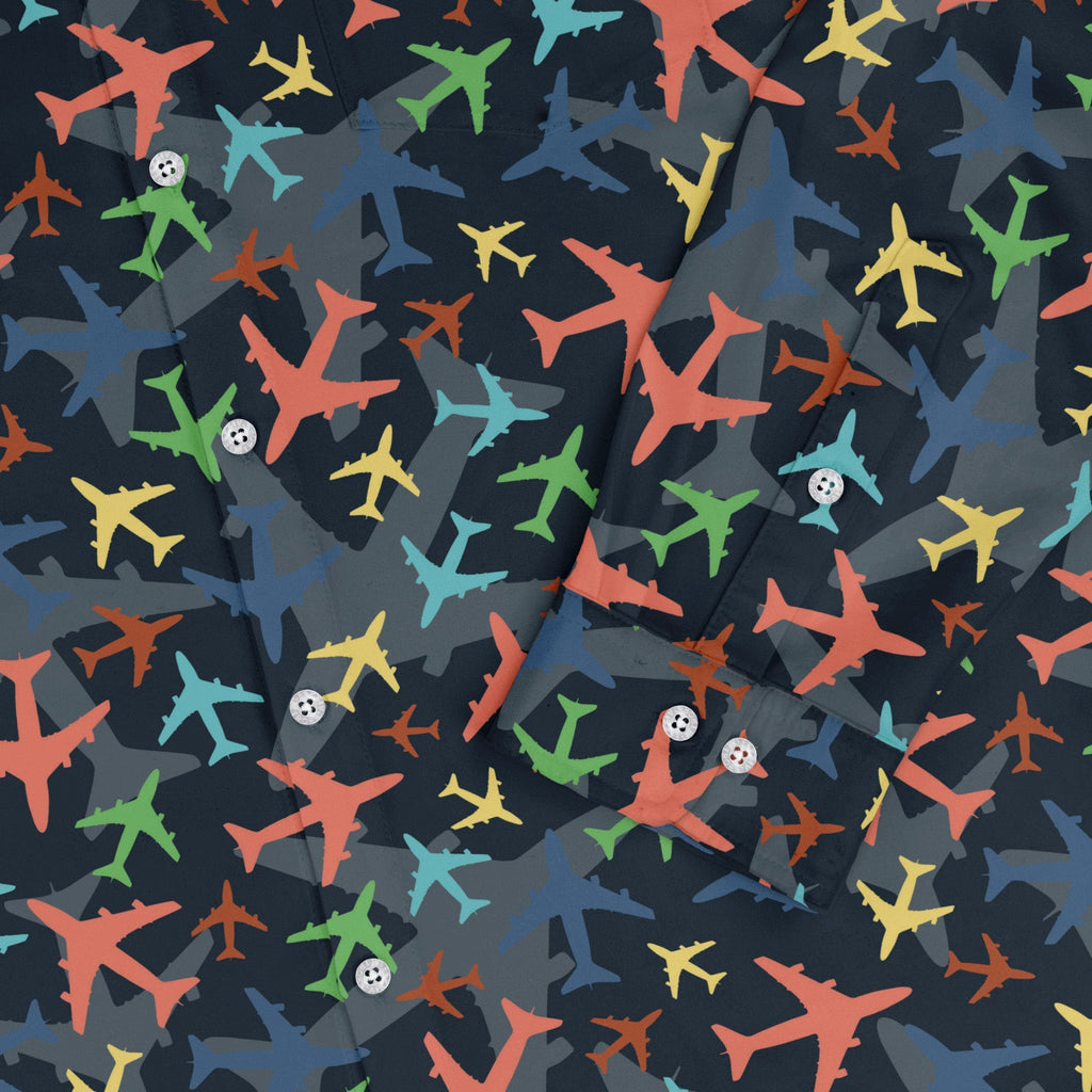 Multi Colored Airplanes on Blue Long Sleeve Button Up Shirt Geek Nerd adult sizing aviation print FLOW DESC WRITING