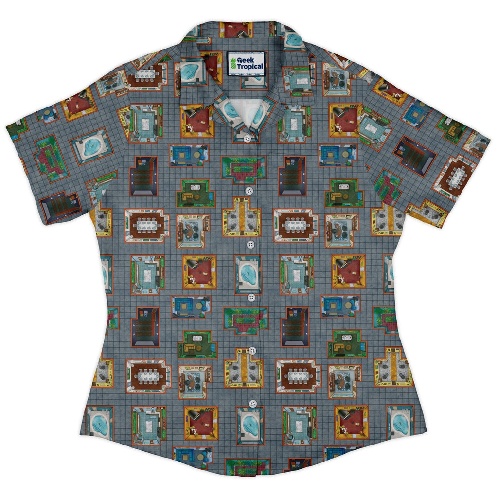 Murder Mystery Board Game Curvy Button Up Shirt Geek Nerd board game print Designs by Nathan women