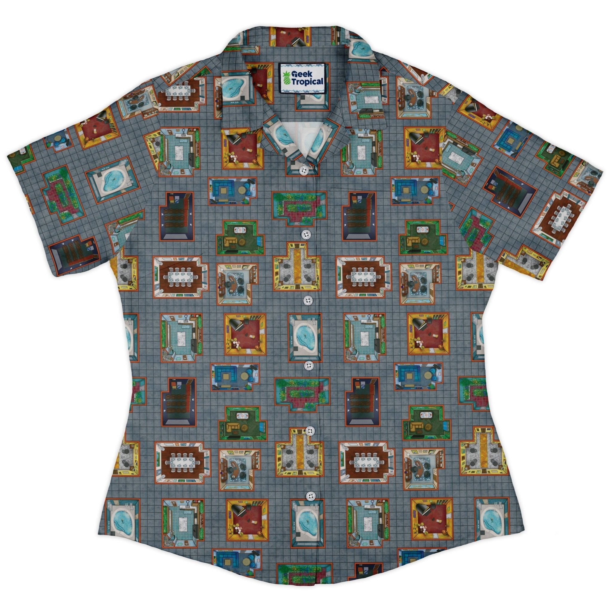 Murder Mystery Board Game Curvy Button Up Shirt Geek Nerd board game print Designs by Nathan women