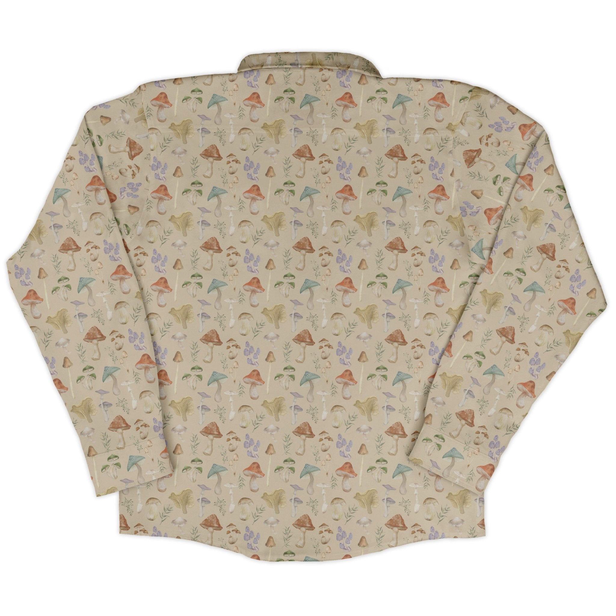 Mushroom Watercolor Long Sleeve Button Up Shirt Geek Nerd adult sizing Botany Print FLOW DESC WRITING