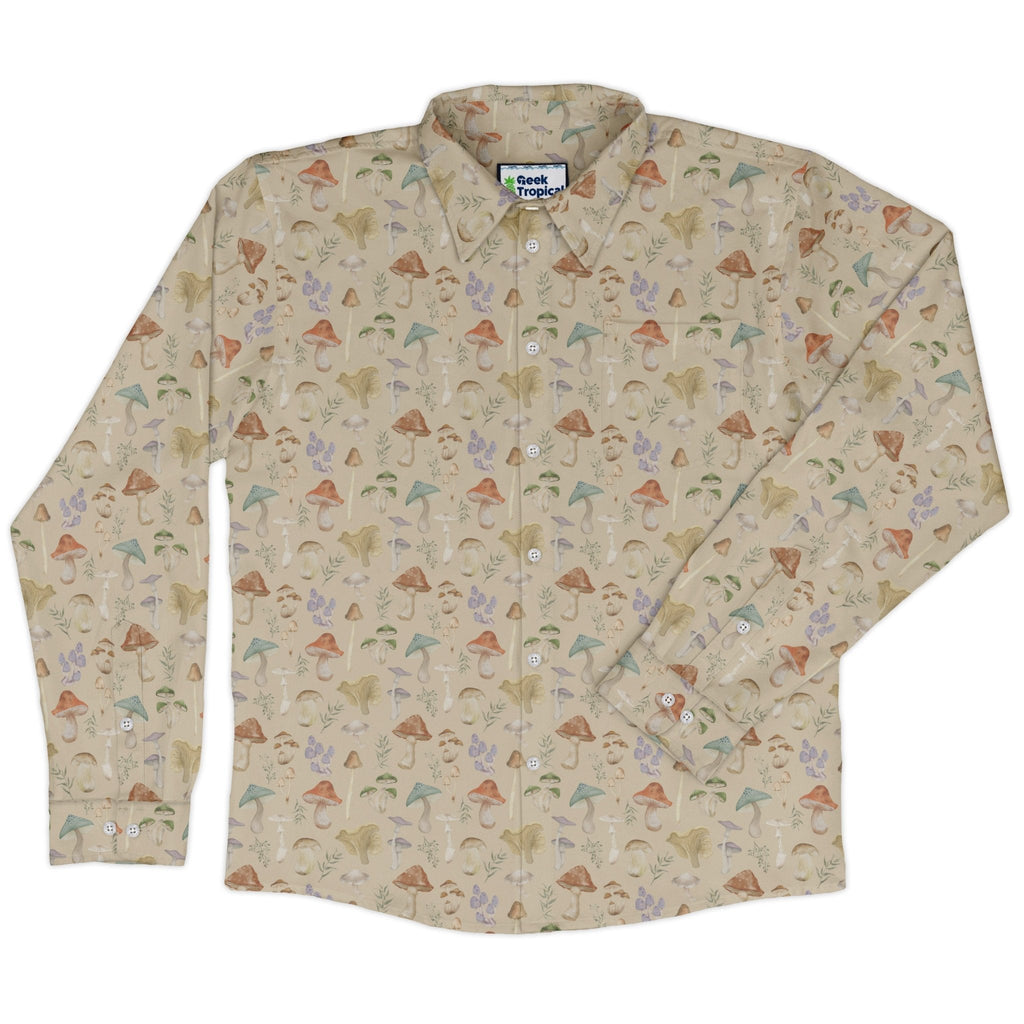 Mushroom Watercolor Long Sleeve Button Up Shirt Geek Nerd adult sizing Botany Print FLOW DESC WRITING