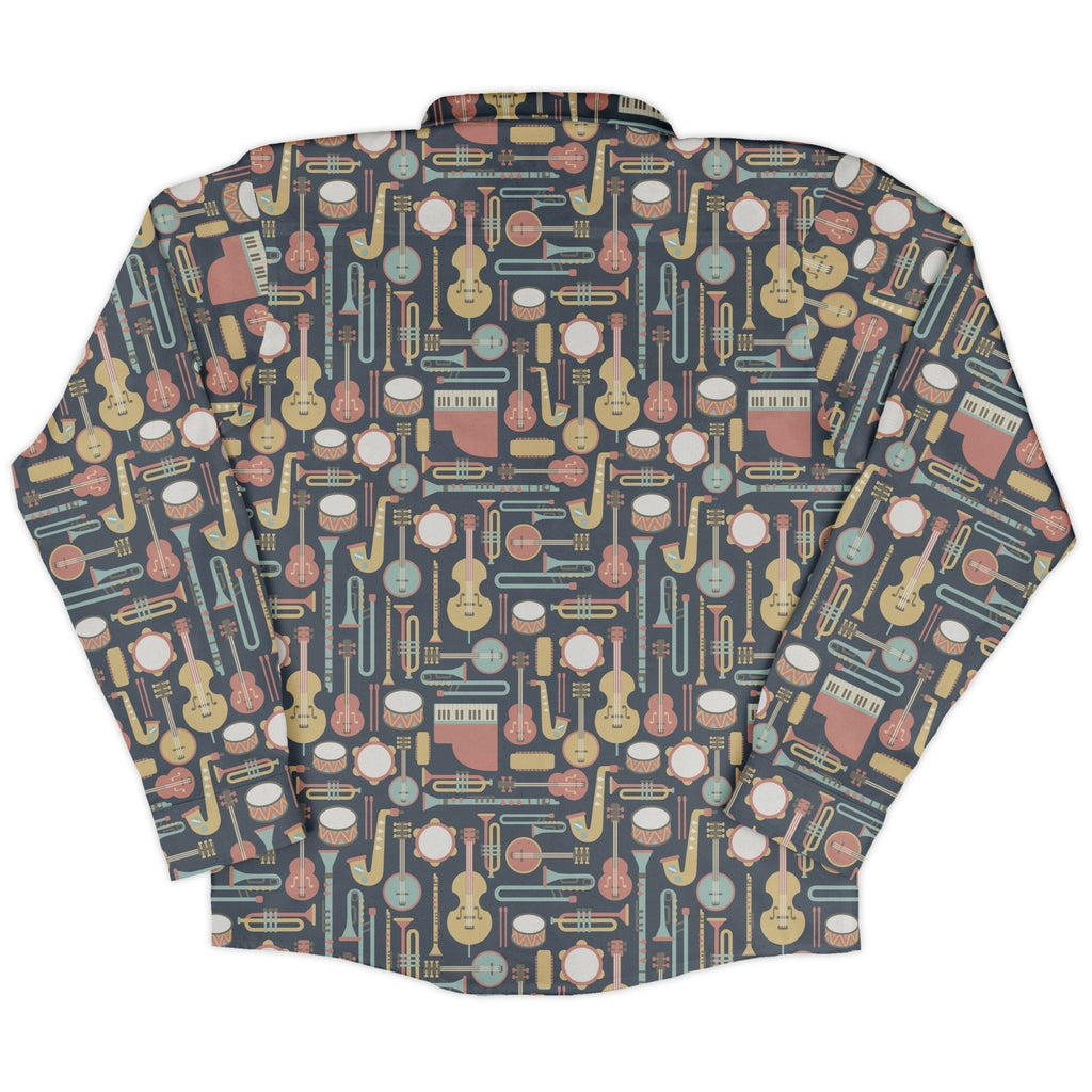 Musical Instruments Long Sleeve Button Up Shirt Geek Nerd adult sizing FLOW DESC WRITING music print