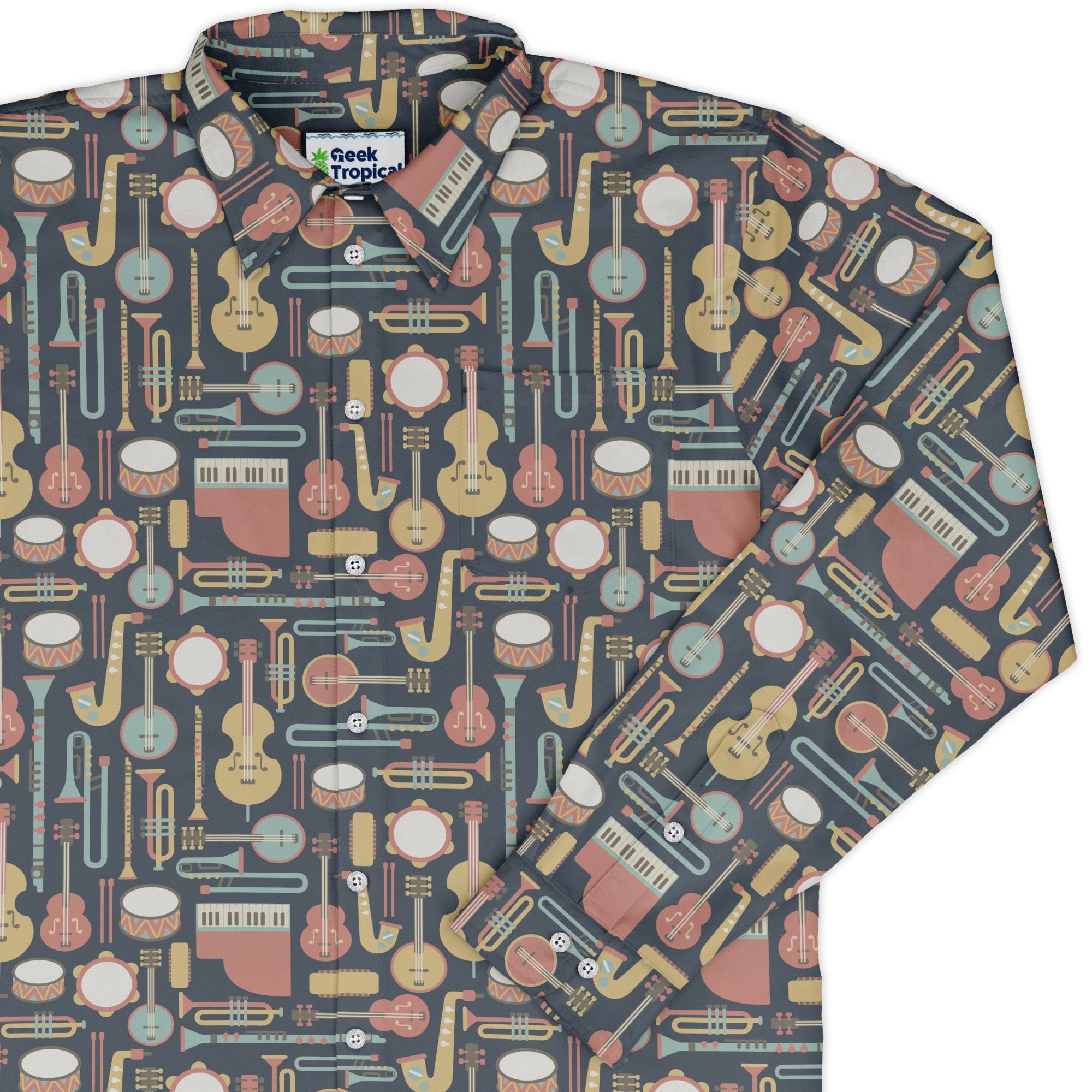 Musical Instruments Long Sleeve Button Up Shirt Geek Nerd adult sizing FLOW DESC WRITING music print