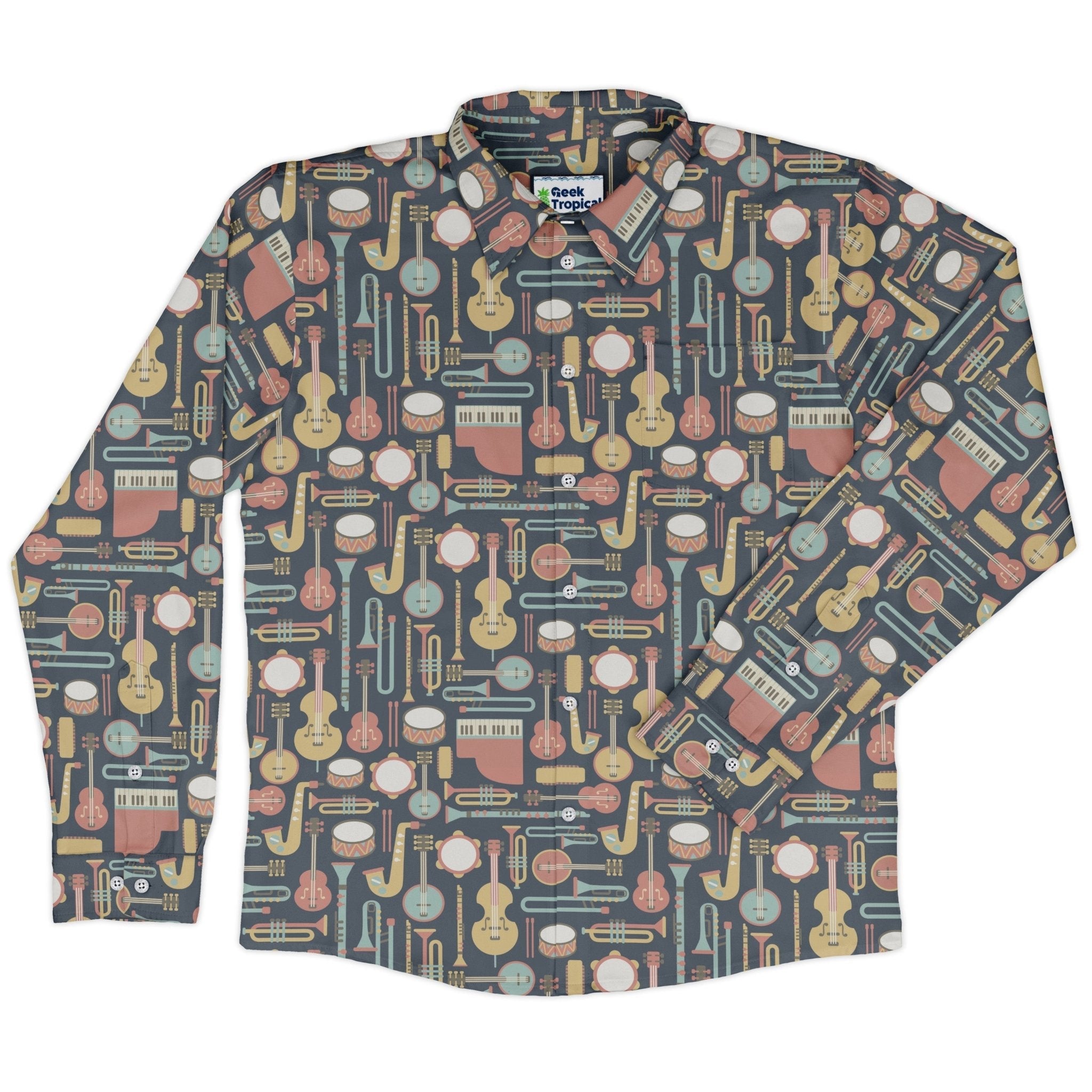 Musical Instruments Long Sleeve Button Up Shirt Geek Nerd adult sizing FLOW DESC WRITING music print