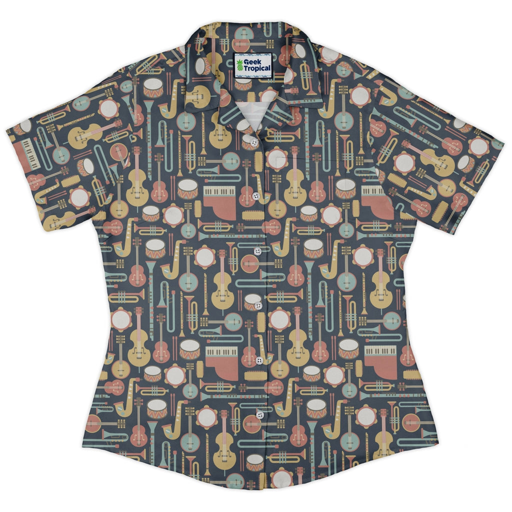 Musical Instruments Curvy Button Up Shirt Geek Nerd music print women