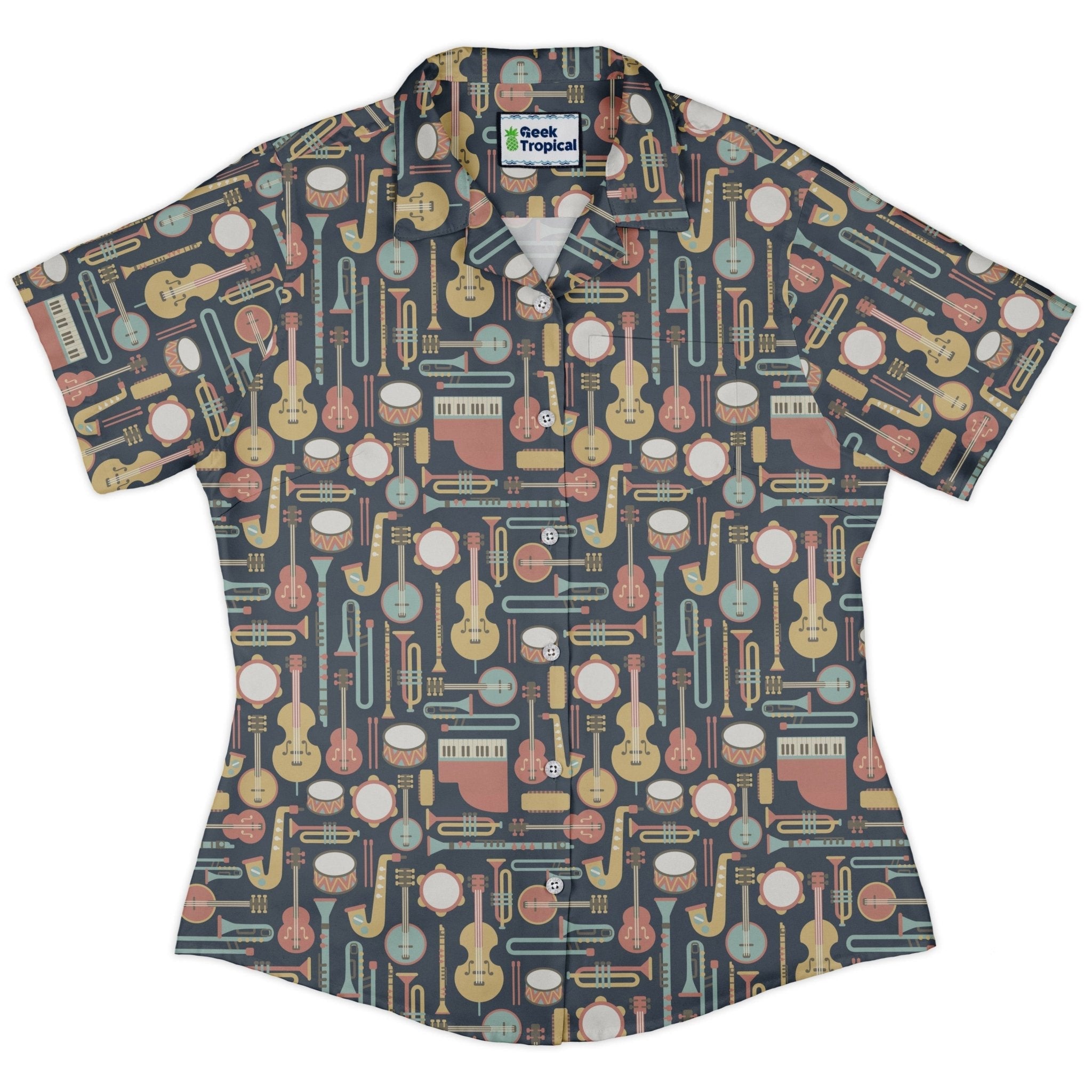 Musical Instruments Curvy Button Up Shirt Geek Nerd music print women
