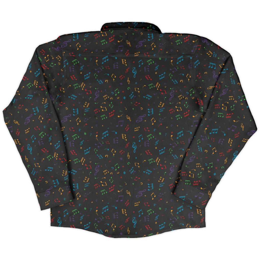 Musical Rainbow Notes Black Long Sleeve Button Up Shirt Geek Nerd adult sizing FLOW DESC WRITING music print