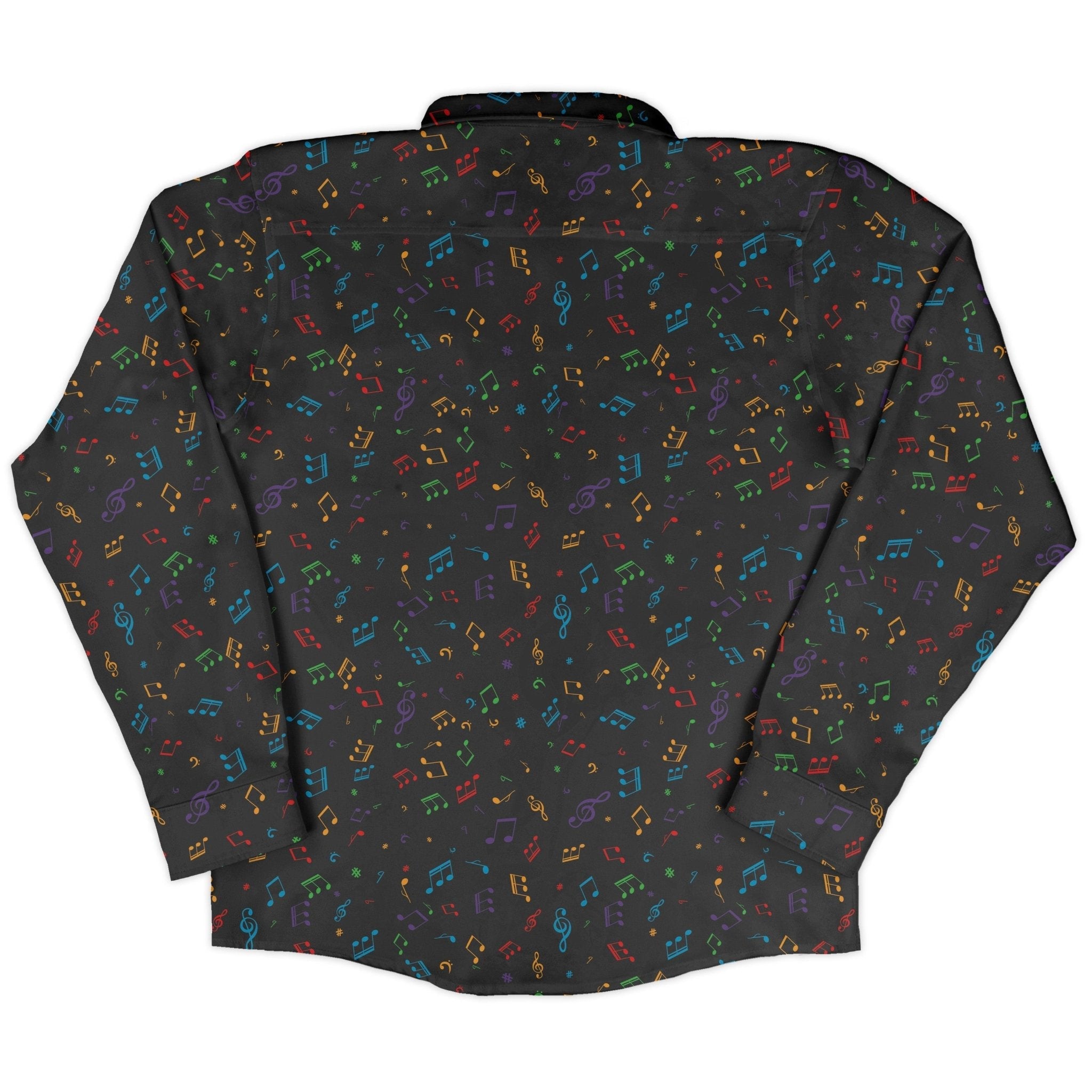 Musical Rainbow Notes Black Long Sleeve Button Up Shirt Geek Nerd adult sizing FLOW DESC WRITING music print