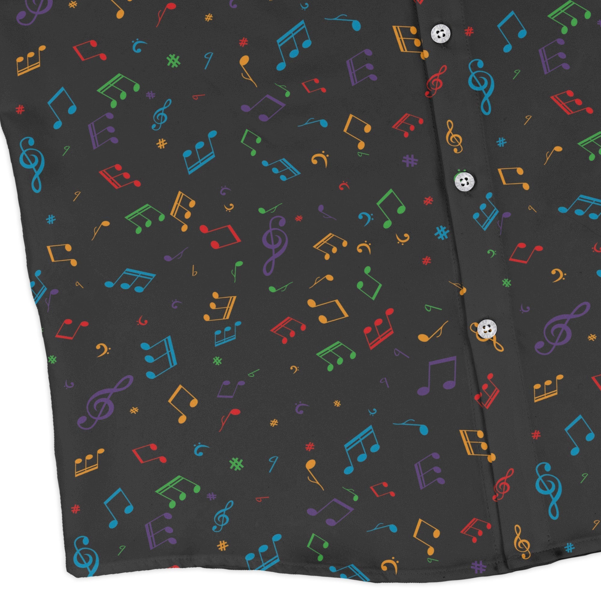 Musical Rainbow Notes Black Long Sleeve Button Up Shirt Geek Nerd adult sizing FLOW DESC WRITING music print
