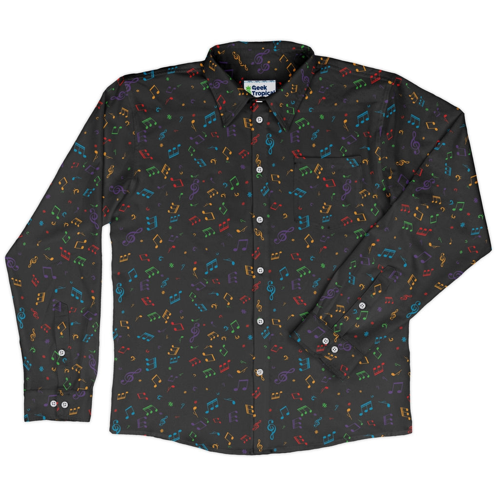 Musical Rainbow Notes Black Long Sleeve Button Up Shirt Geek Nerd adult sizing FLOW DESC WRITING music print