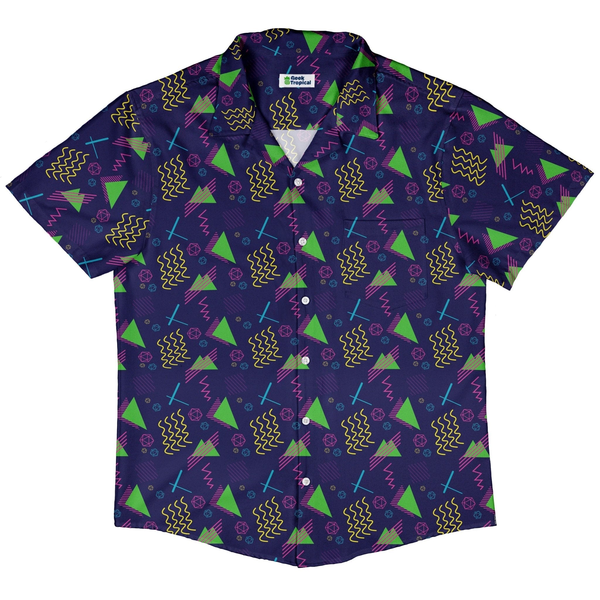 Neon Retro Dice Button Up Shirt Geek Nerd adult sizing Design by Heather Davenport dnd & rpg print