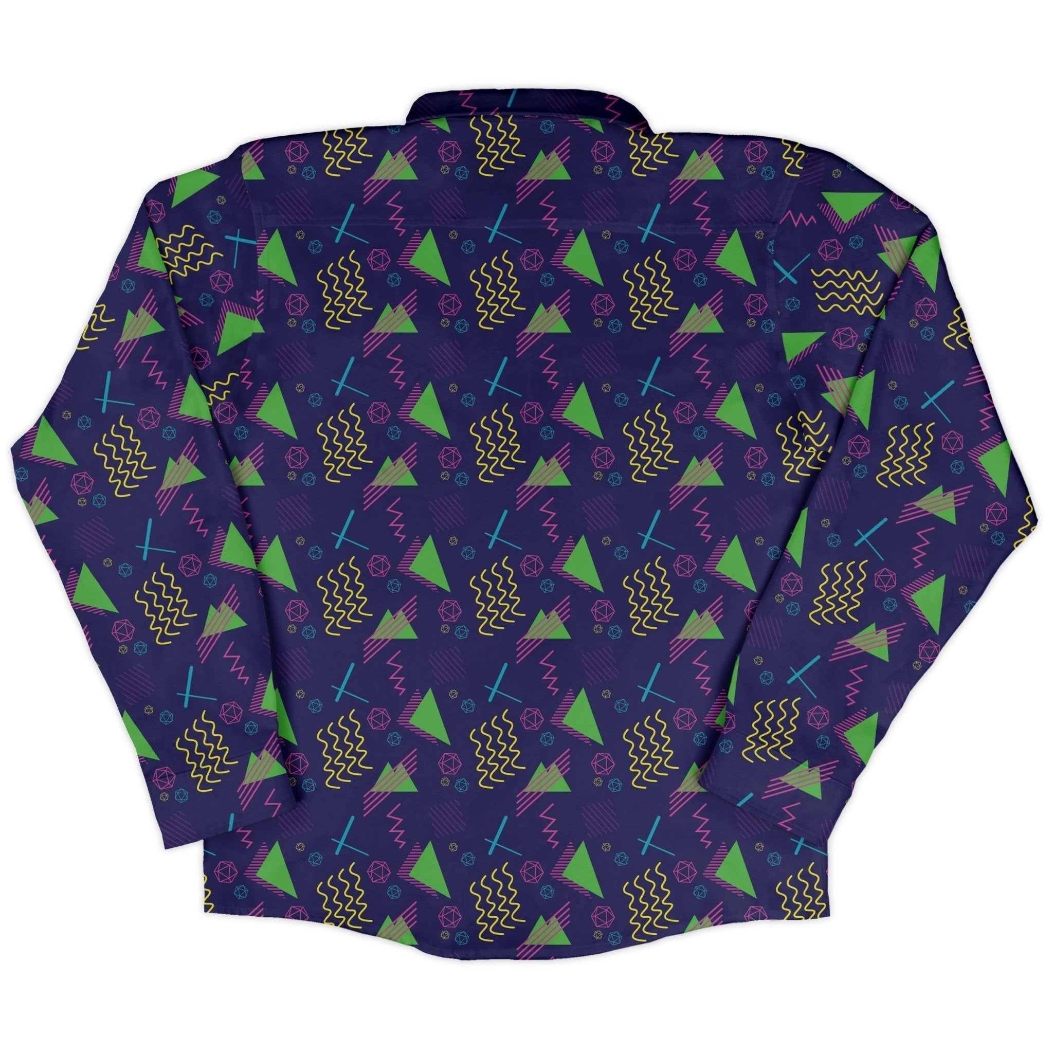 Neon Retro Dice Long Sleeve Button Up Shirt Geek Nerd adult sizing Design by Heather Davenport dnd & rpg print