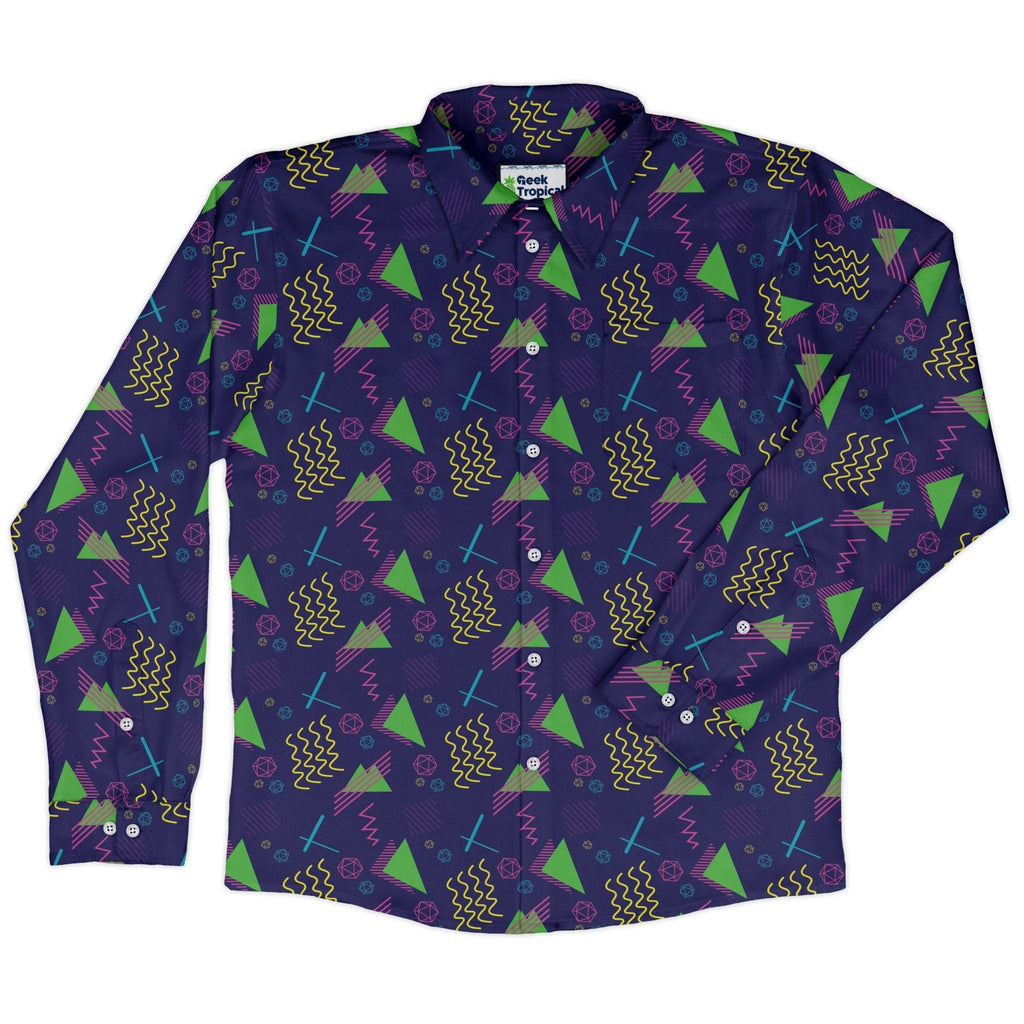 Neon Retro Dice Long Sleeve Button Up Shirt Geek Nerd adult sizing Design by Heather Davenport dnd & rpg print