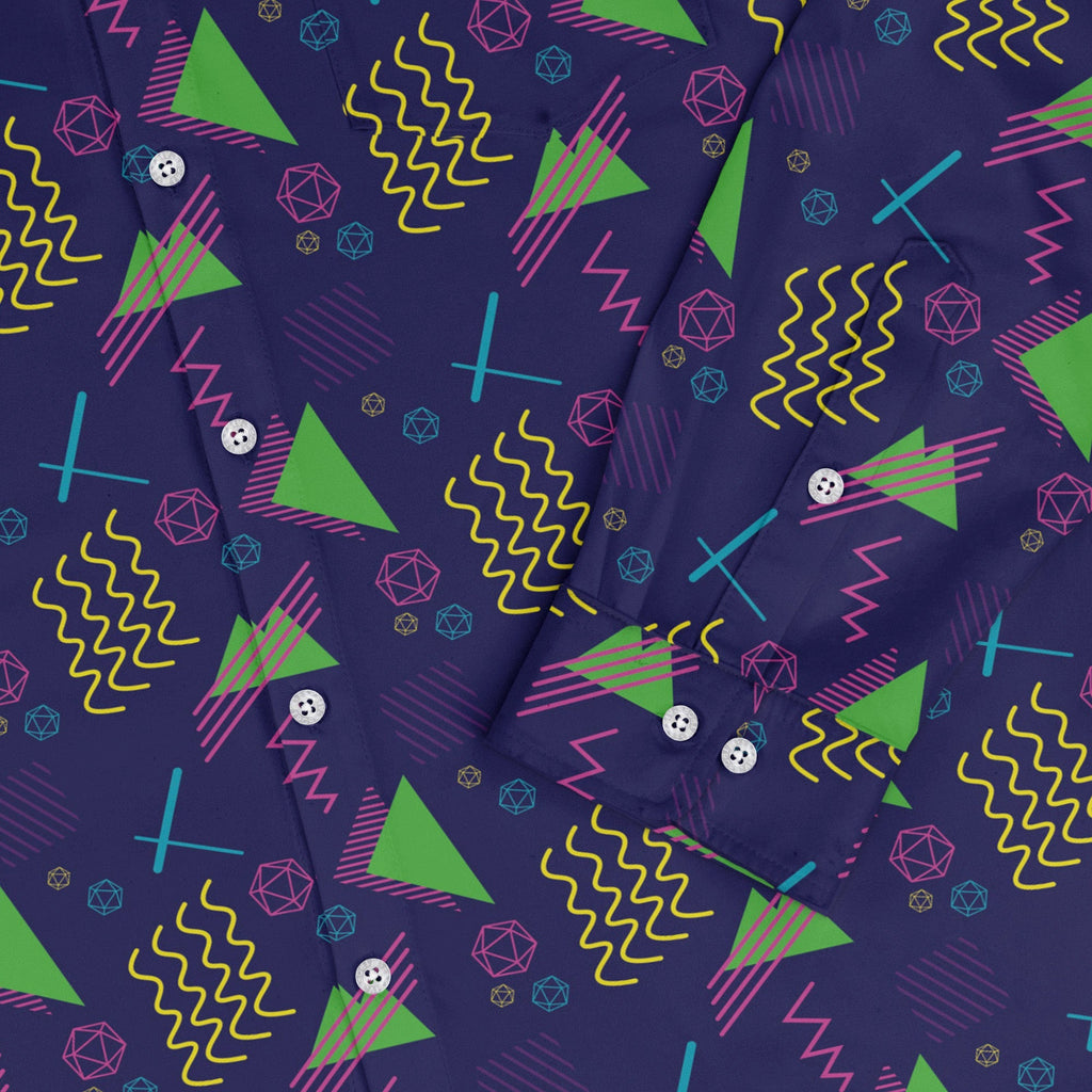 Neon Retro Dice Long Sleeve Button Up Shirt Geek Nerd adult sizing Design by Heather Davenport dnd & rpg print