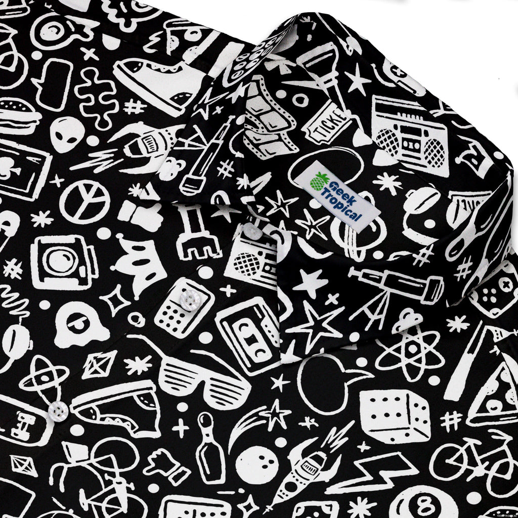 Nerdy Doodles Black Button Up Shirt Geek Nerd adult sizing board game print Design by Zirkus Design