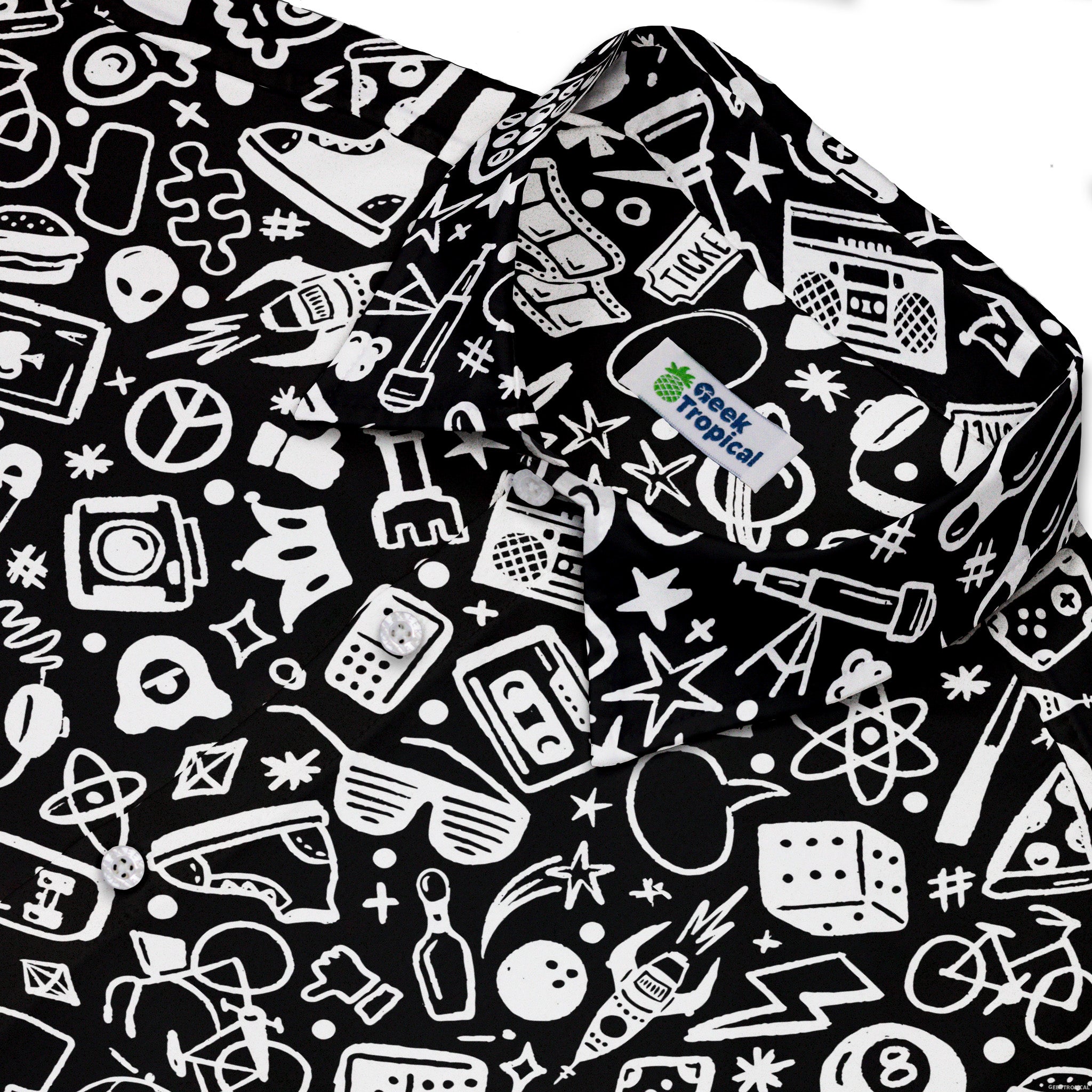 Nerdy Doodles Black Button Up Shirt Geek Nerd adult sizing board game print Design by Zirkus Design