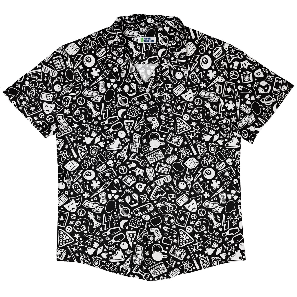 Nerdy Doodles Black Button Up Shirt Geek Nerd adult sizing board game print Design by Zirkus Design