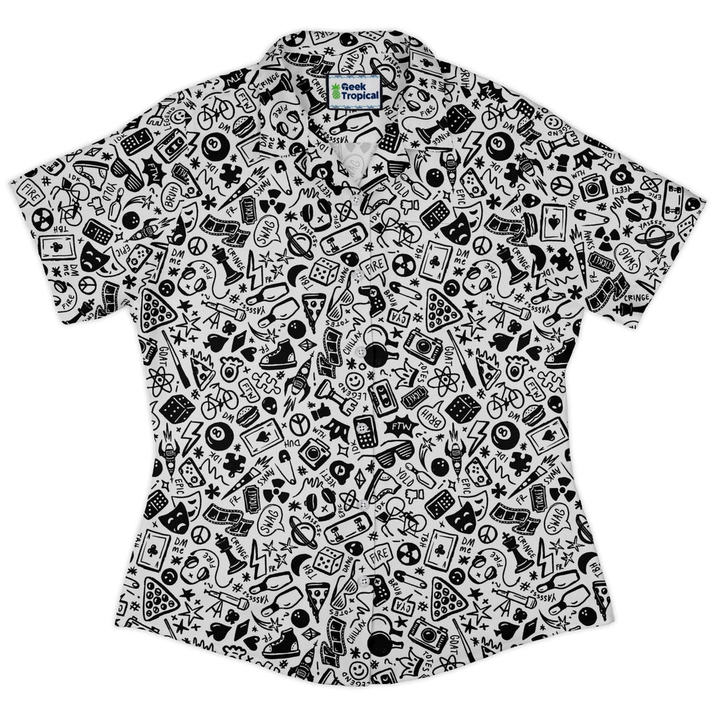 Nerdy Doodles Swag Curvy Button Up Shirt Geek Nerd board game print Design by Zirkus Design dnd & rpg print