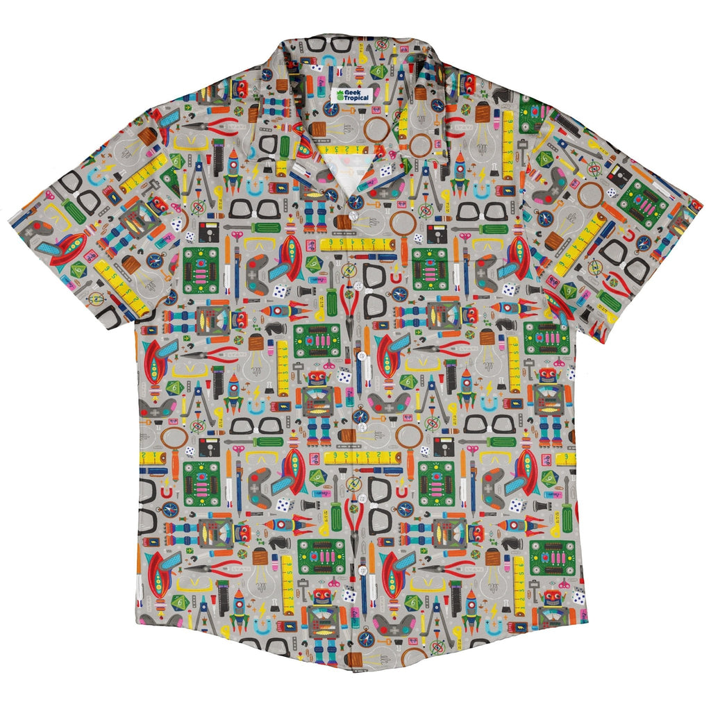 Nerdy Toys Button Up Shirt Geek Nerd adult sizing board game print Design by Zirkus Design