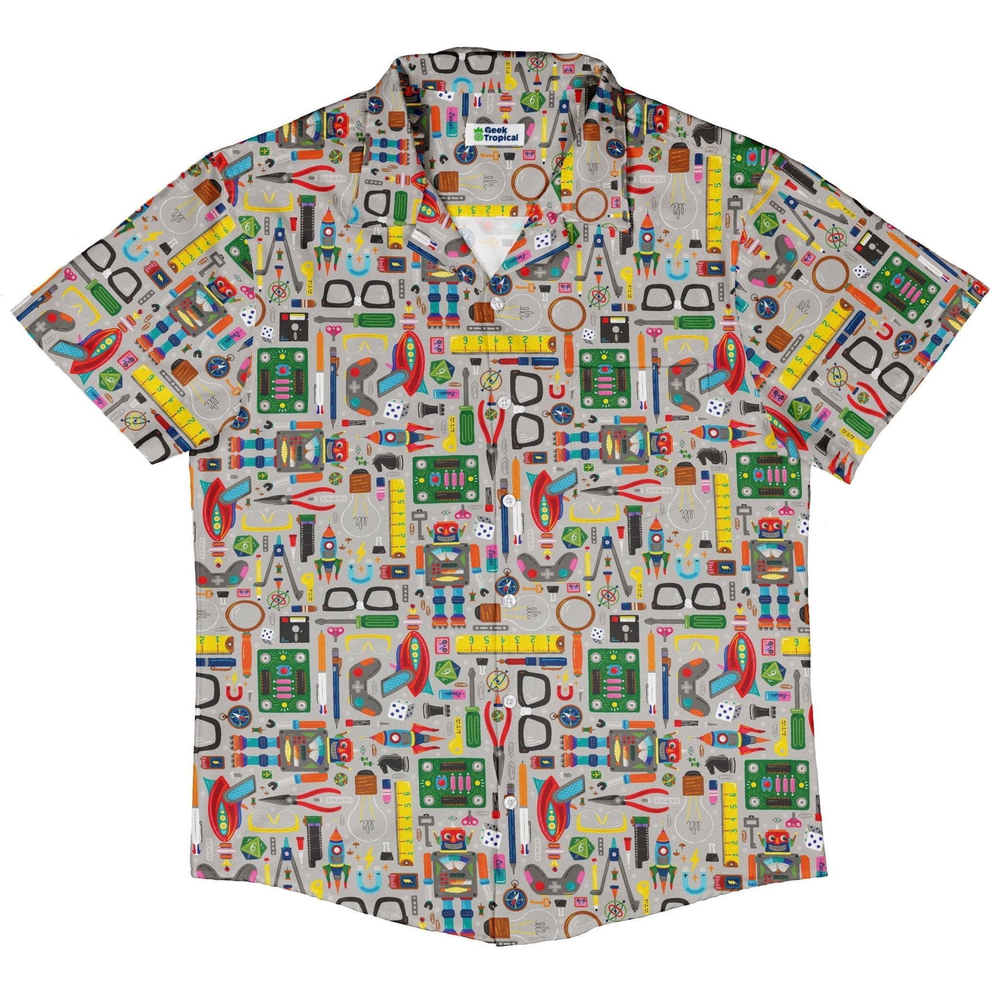 Nerdy Toys Button Up Shirt Geek Nerd adult sizing board game print Design by Zirkus Design