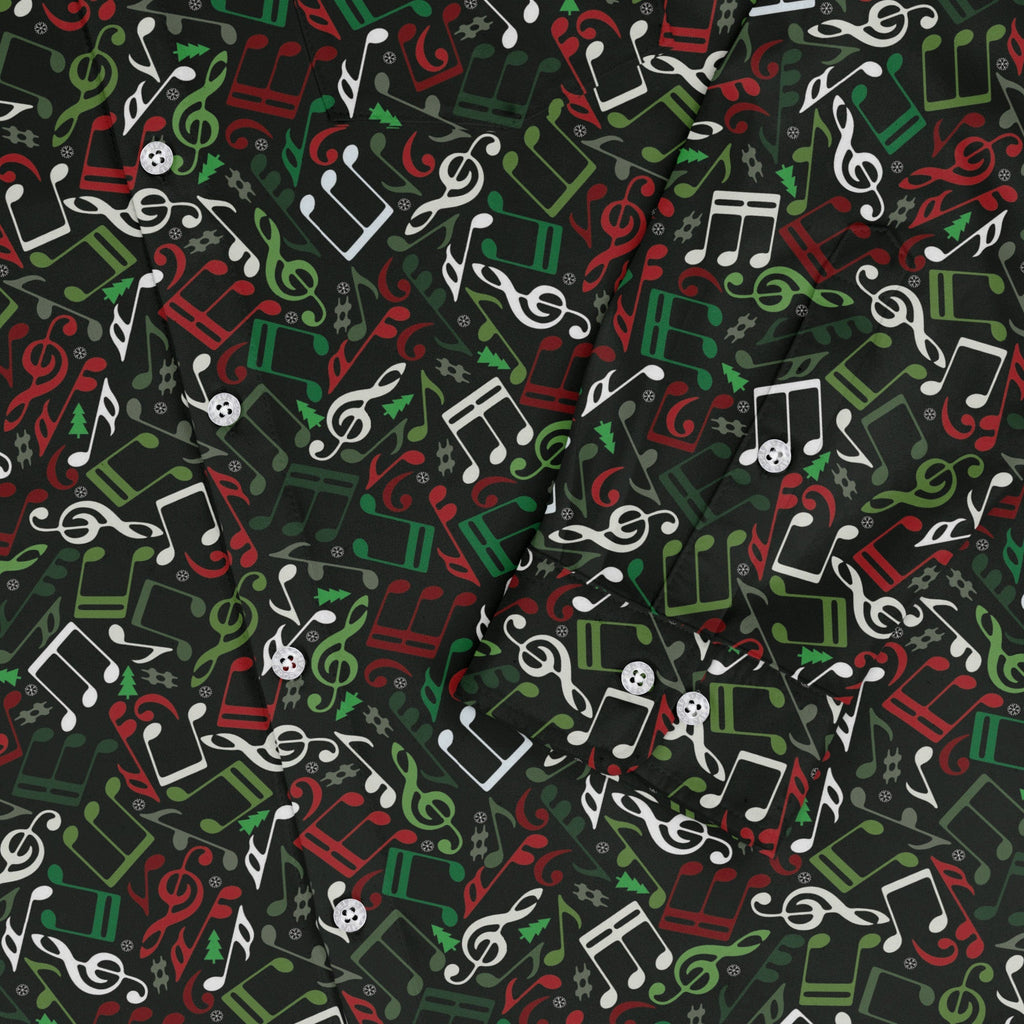O Christmas Tree Music Notes Long Sleeve Button Up Shirt Geek Nerd adult sizing Christmas Print FLOW DESC WRITING