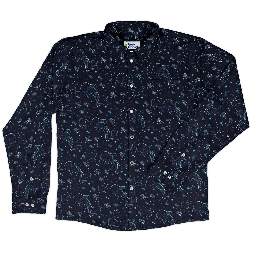 Ocean Giants Long Sleeve Button Up Shirt Geek Nerd adult sizing animal patterns Design by Ardi Tong