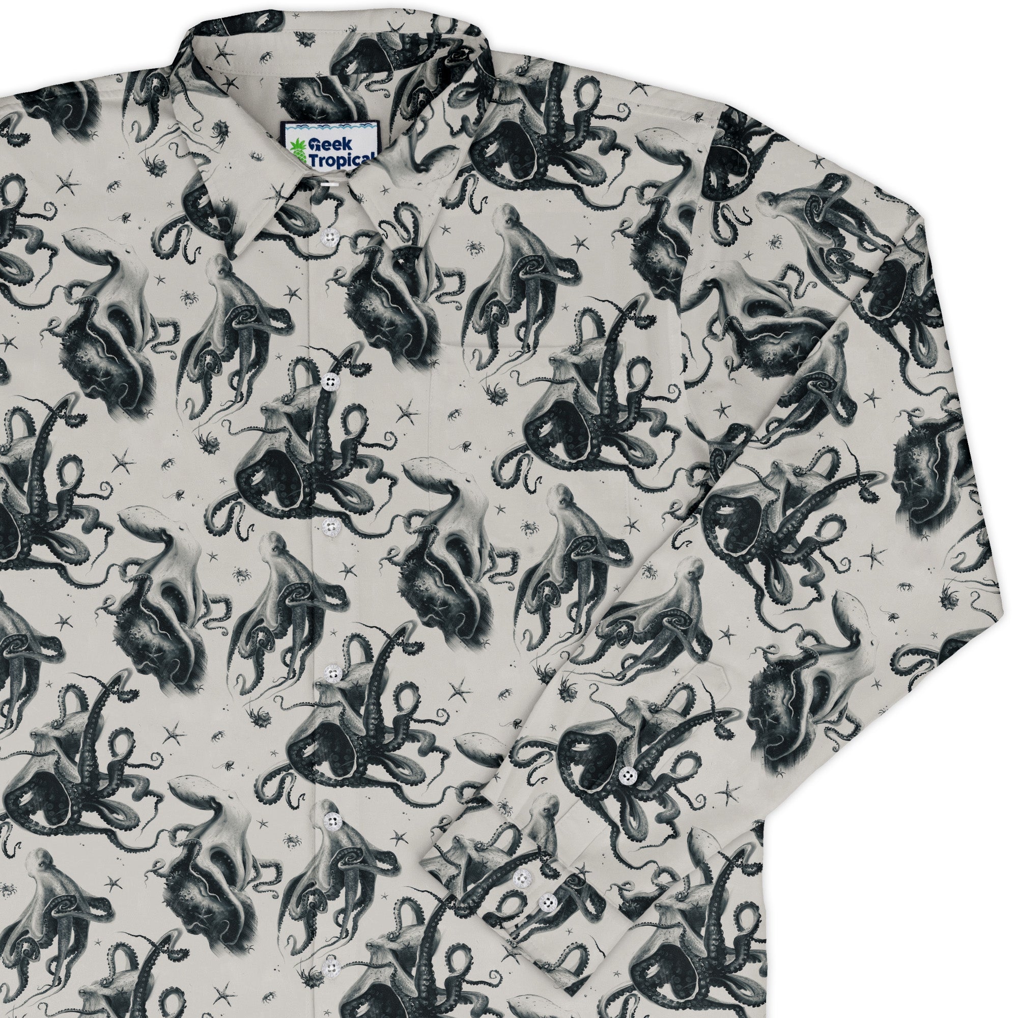 Octopus Crunch Long Sleeve Button Up Shirt Geek Nerd adult sizing Design by Vlad Mel FLOW DESC WRITING
